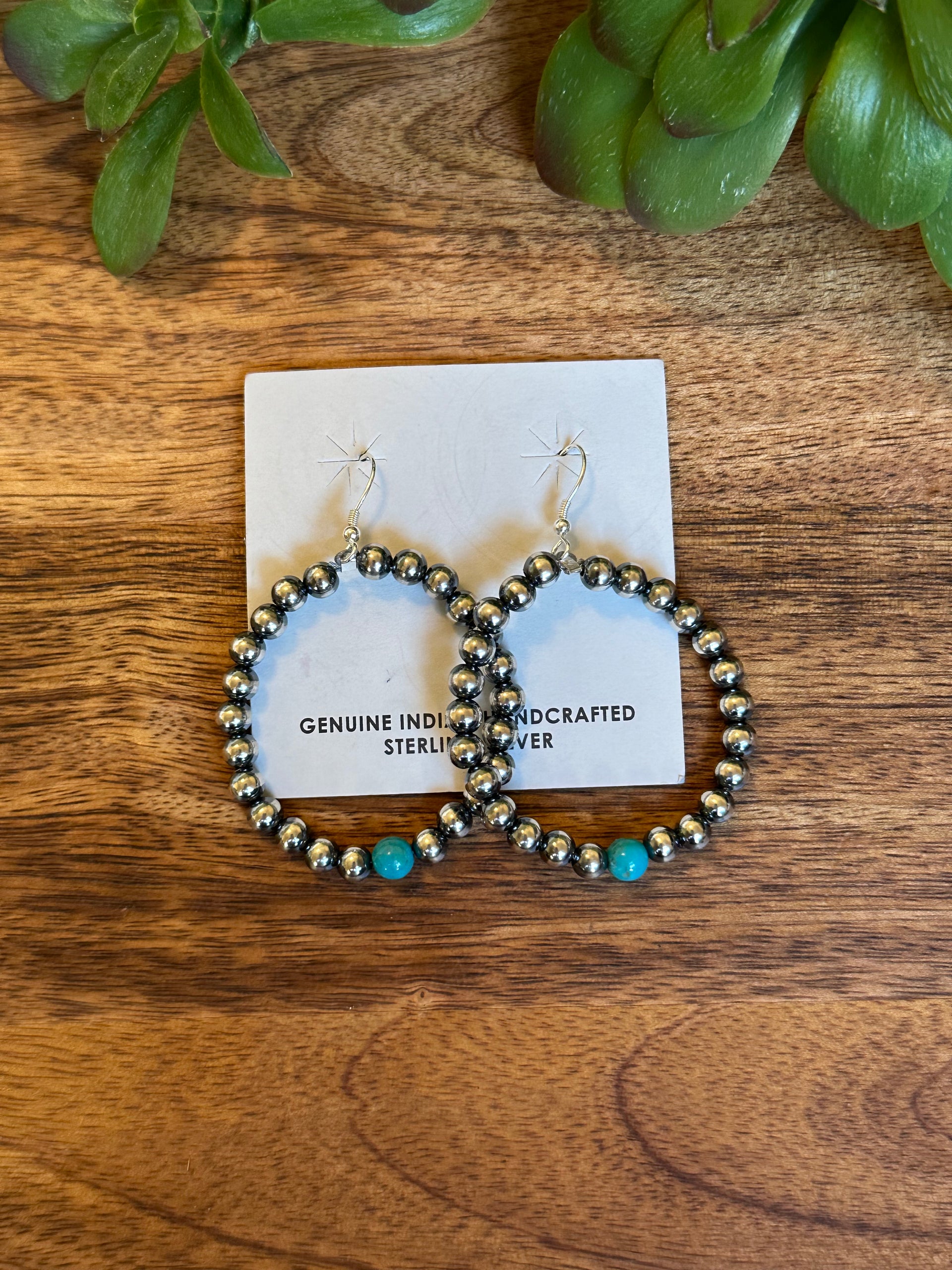 Navajo Made Kingman Turquoise & Sterling Silver Pearls Dangle Hoop Earrings