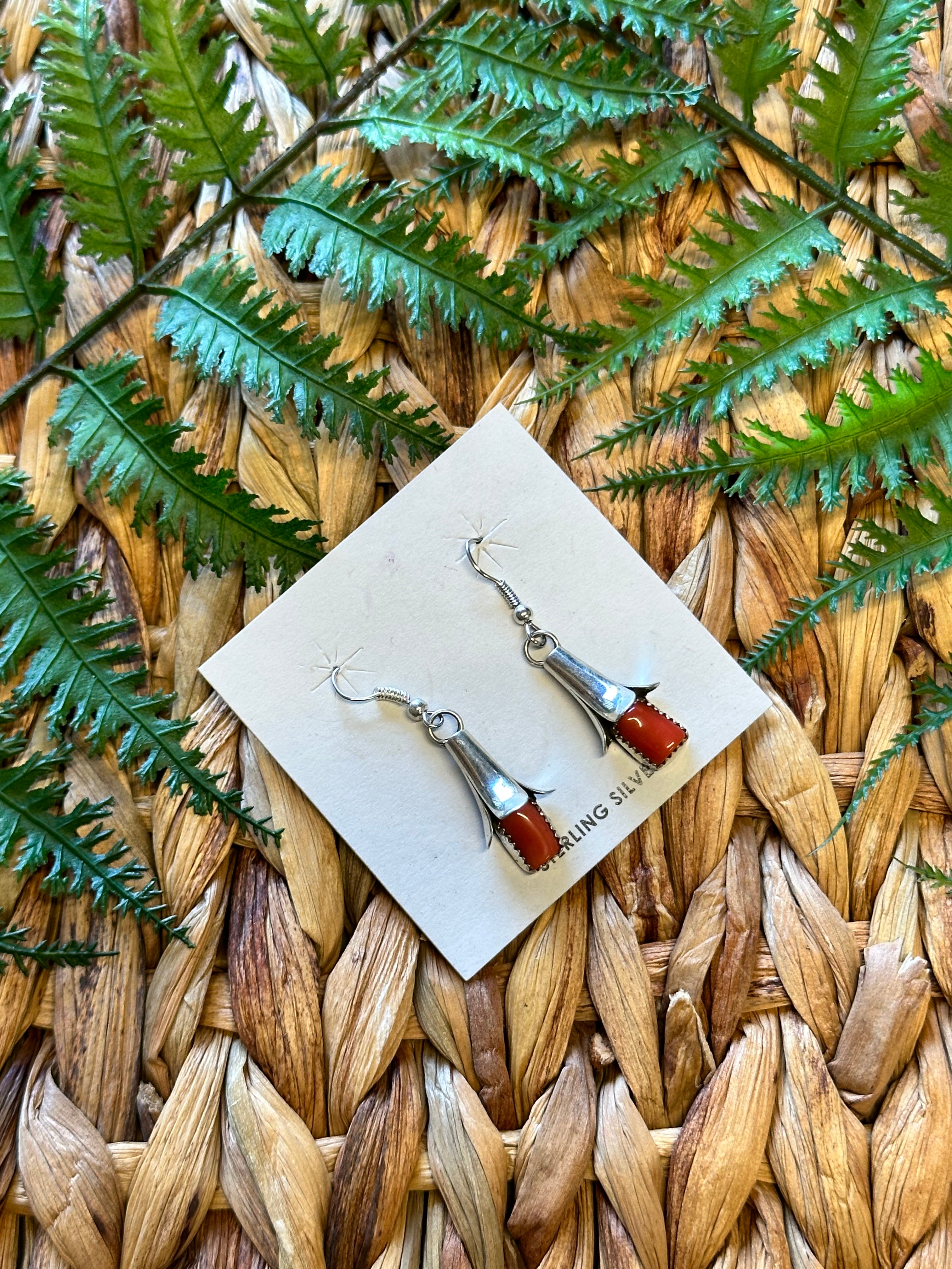 Navajo Made Coral & Sterling Silver Blossom Dangle Earrings