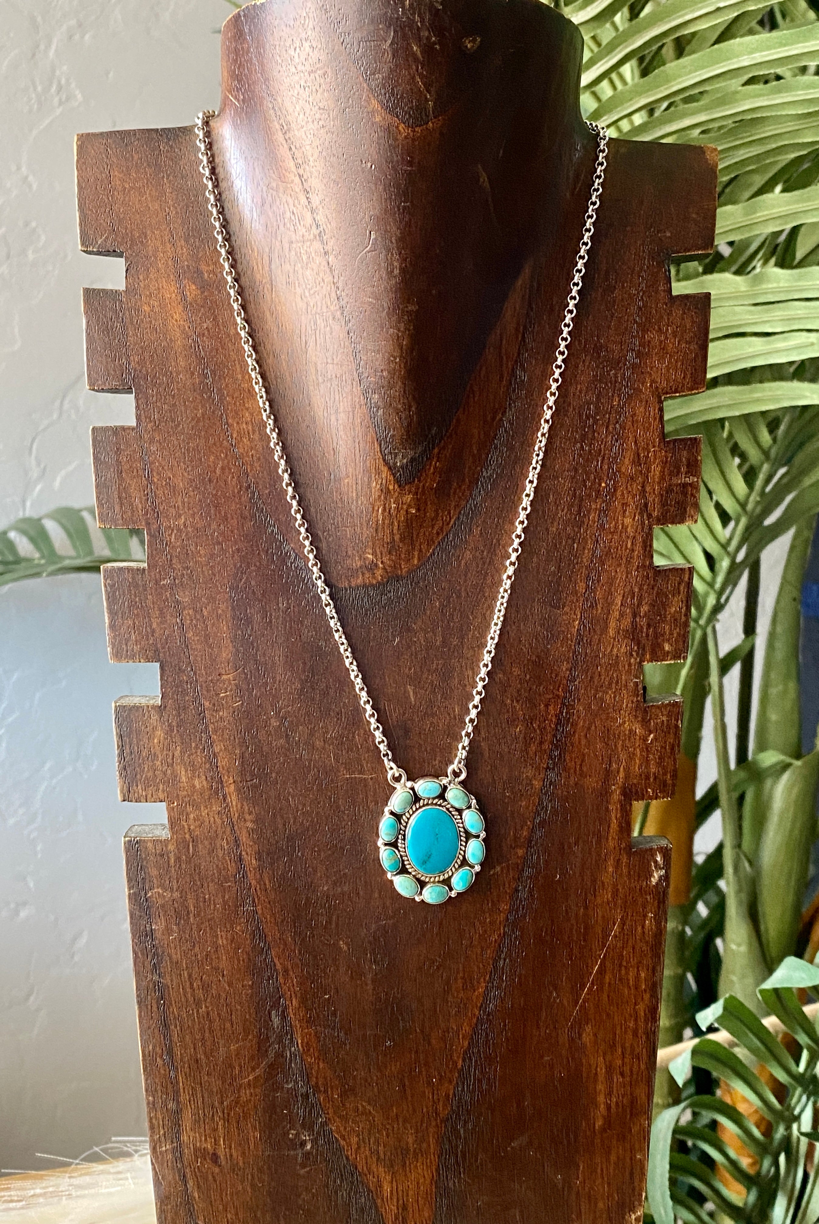 Southwest Handmade Kingman Turquoise & Sterling Silver Cluster Necklace