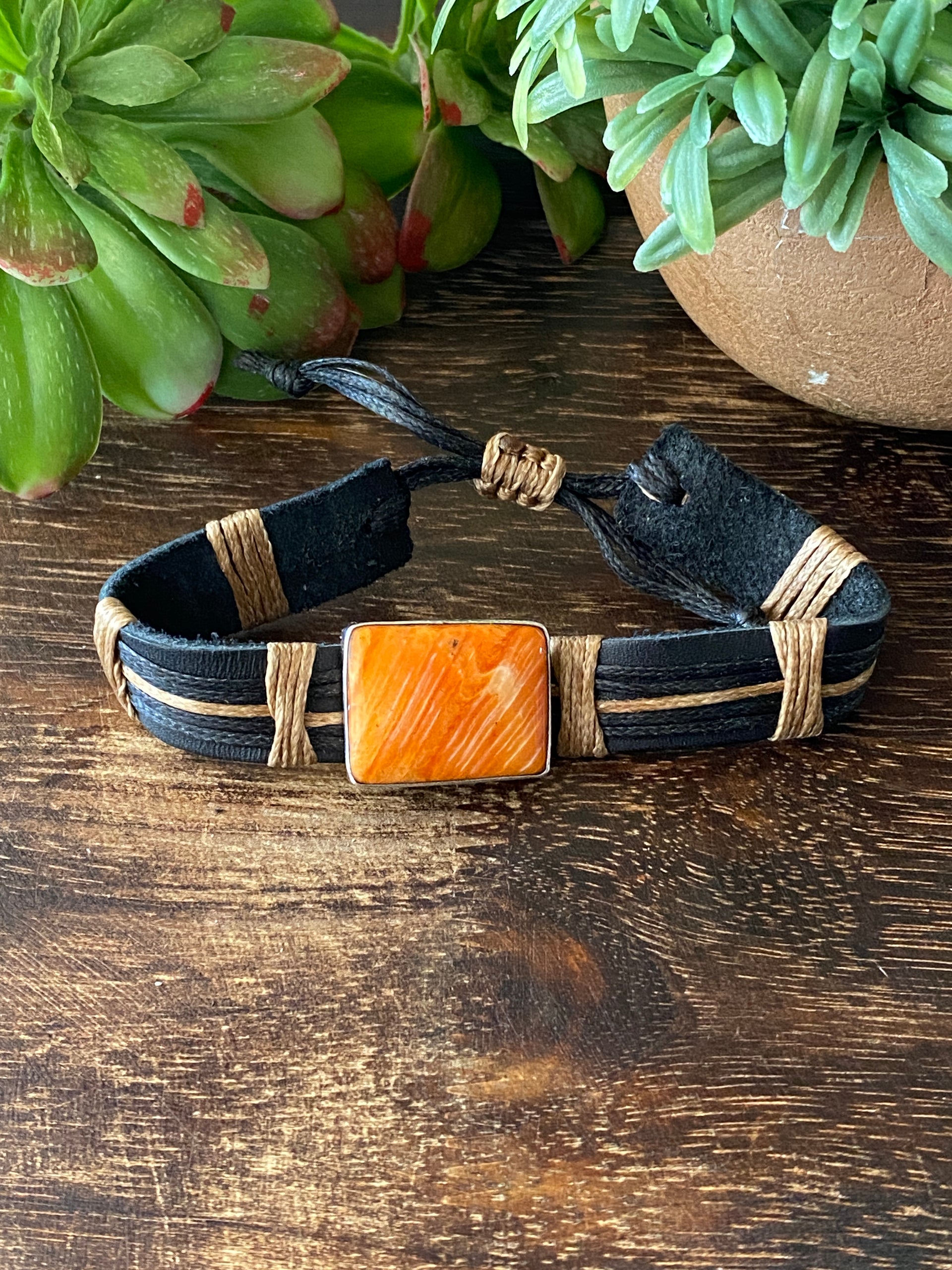Vintage Navajo Made Spiny Oys & Sterling Silver Leather Adjustable Bracelets