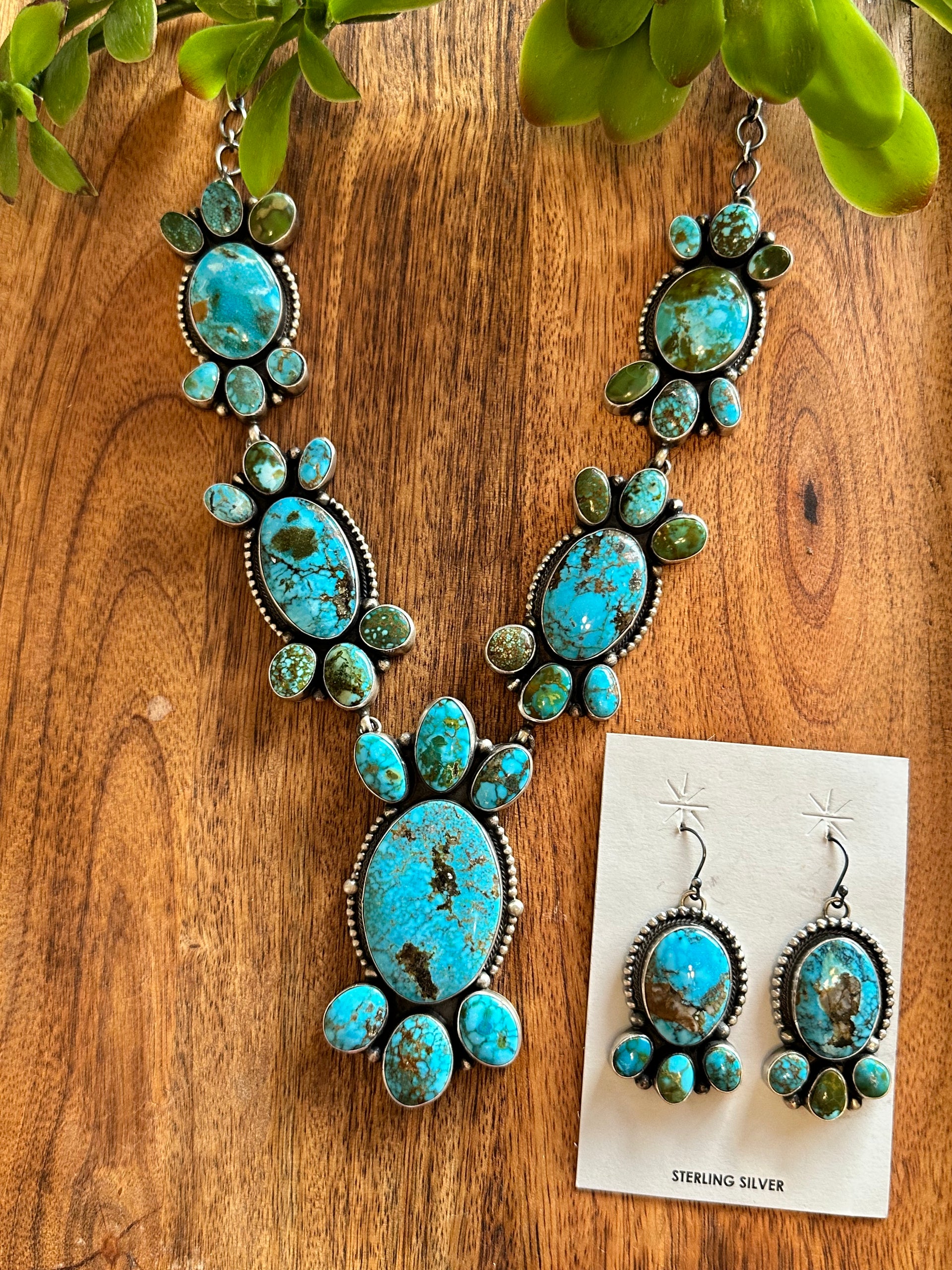 Paul Livingston Natural Birds Eye Kingman Turquoise & Sterling Silver Cluster Necklace Set