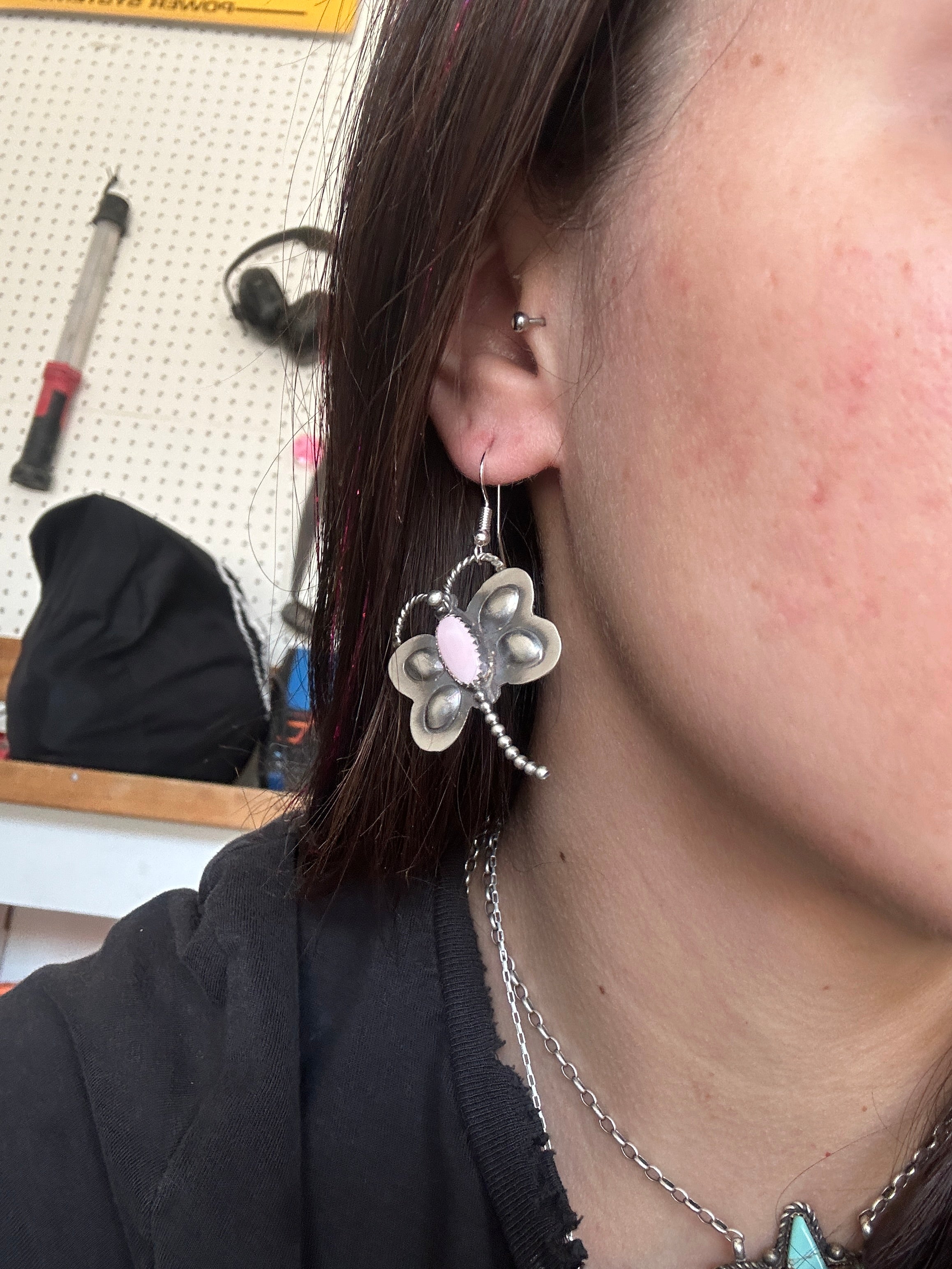 Navajo Made Pink Conch & Sterling Silver Dragonfly Dangle Earrings