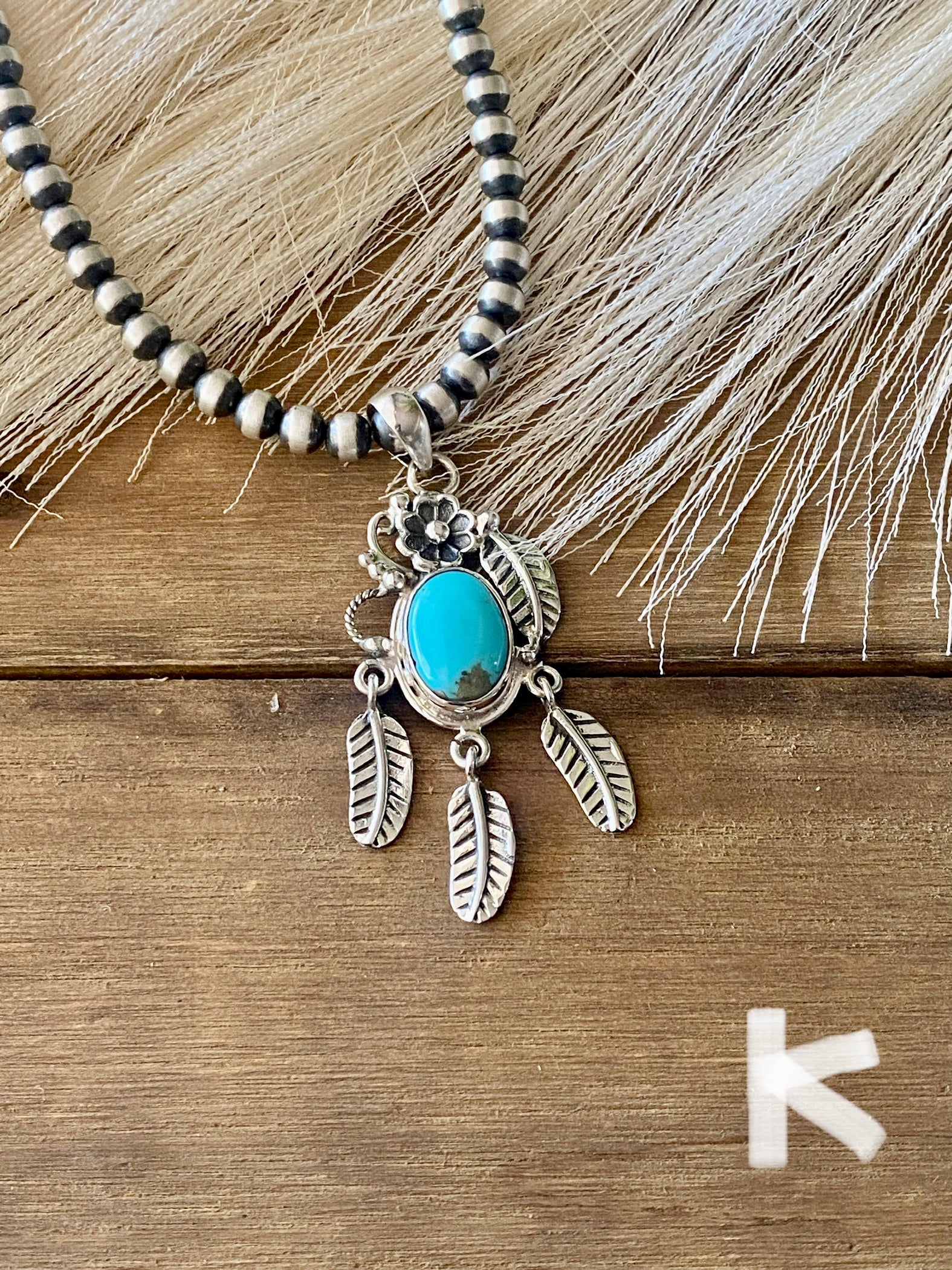 Southwest Handmade Kingman Turquoise & Sterling Silver Feather Pendant