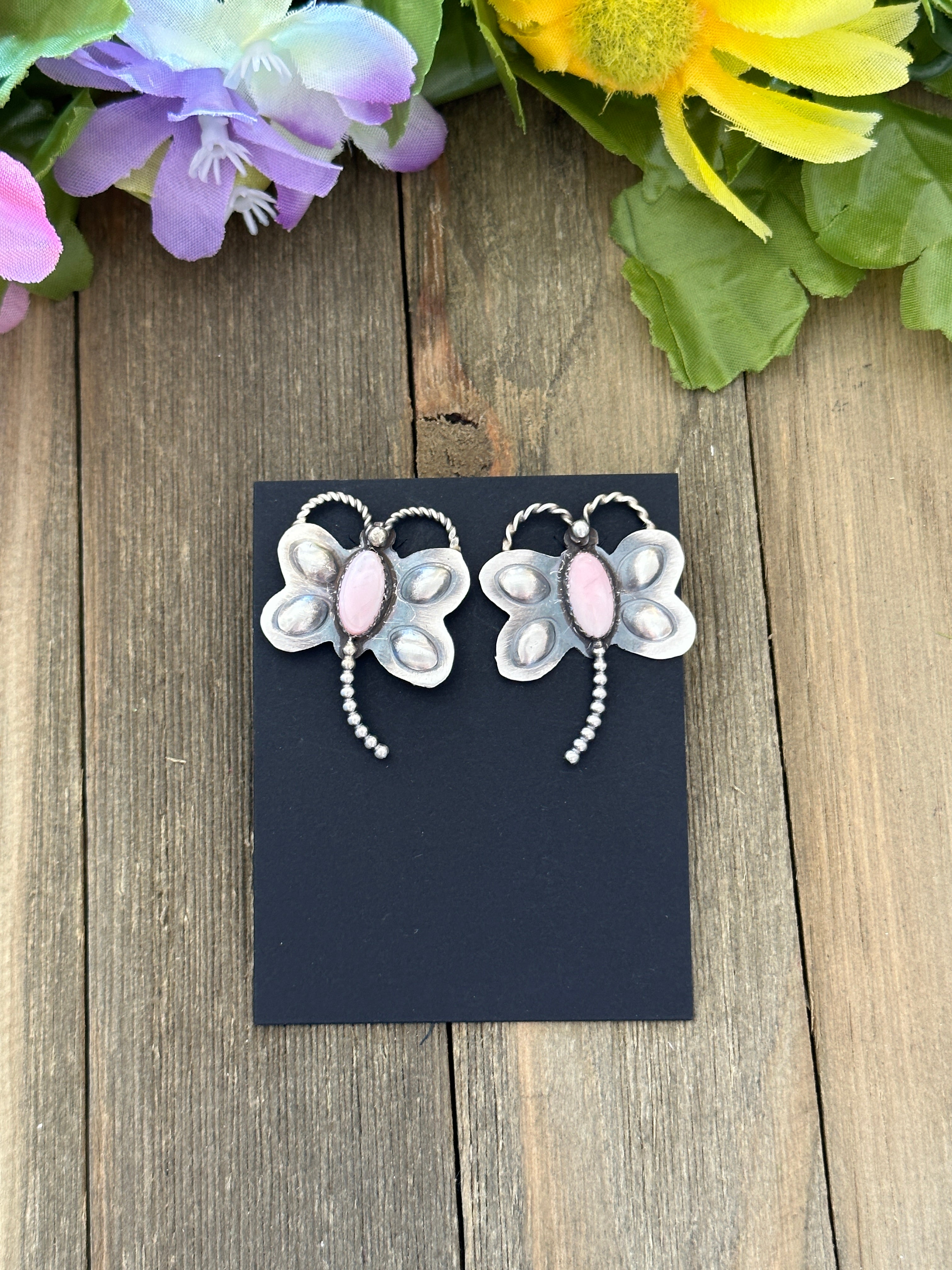 Navajo Made Pink Conch & Sterling Silver Dragonfly Post Dangle Earrings