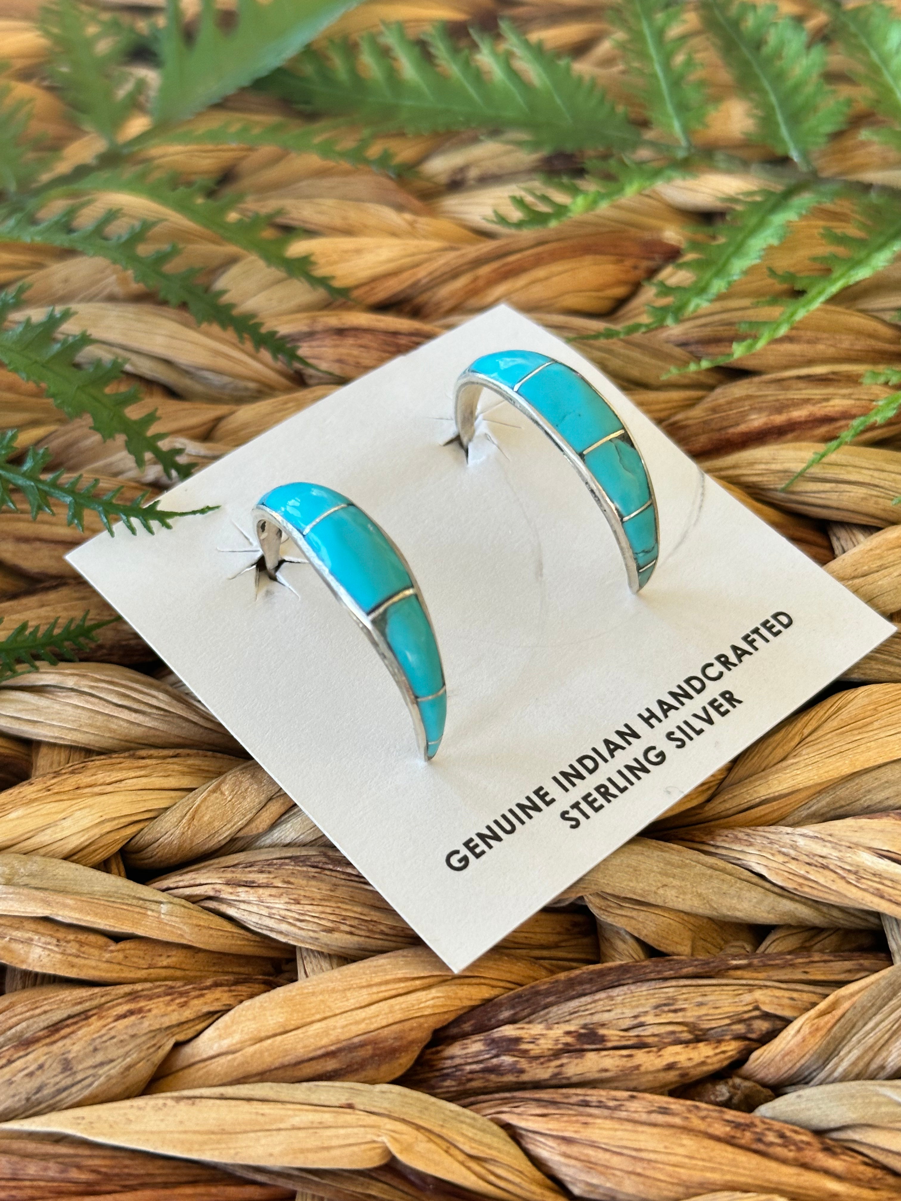 Kee Johnson Kingman Turquoise & Sterling Silver Post Hoop Earrings