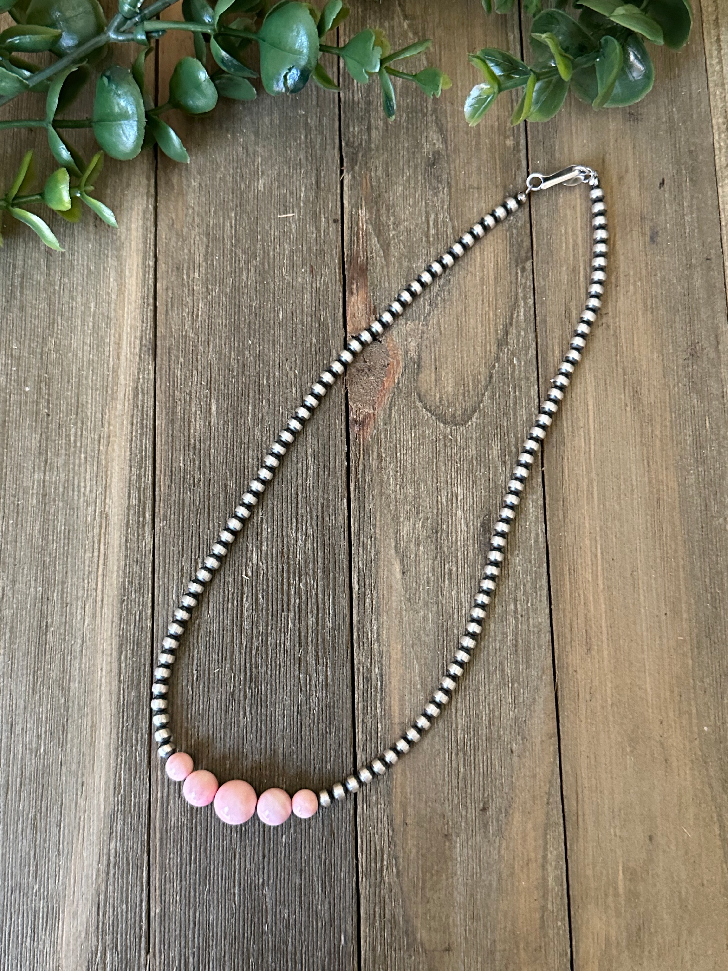 Navajo Strung Pink Conch & Sterling Silver Pearls Beaded Necklace