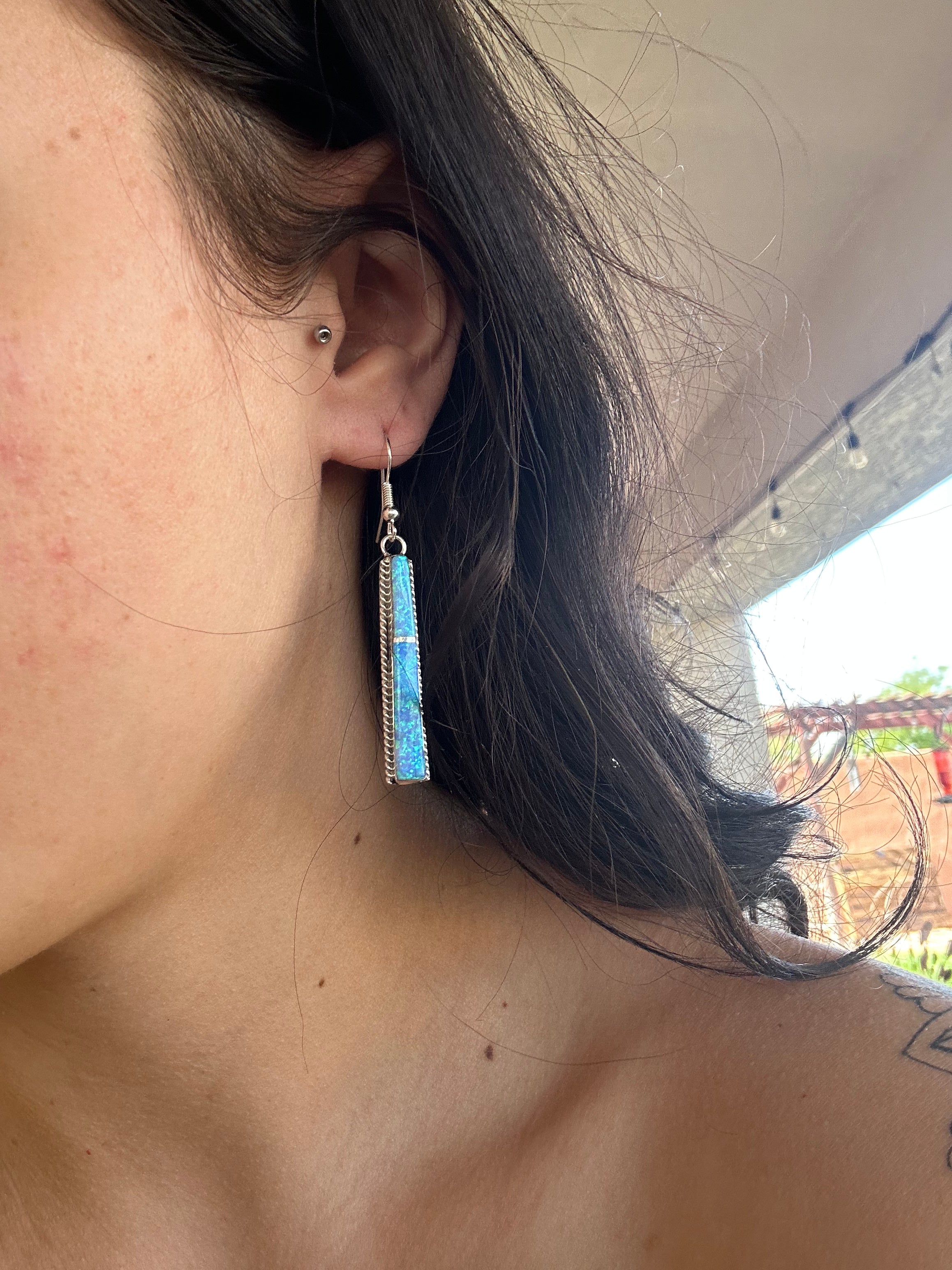 Navajo Made Blue Opal (Man Made) & Sterling Silver Dangle Earrings