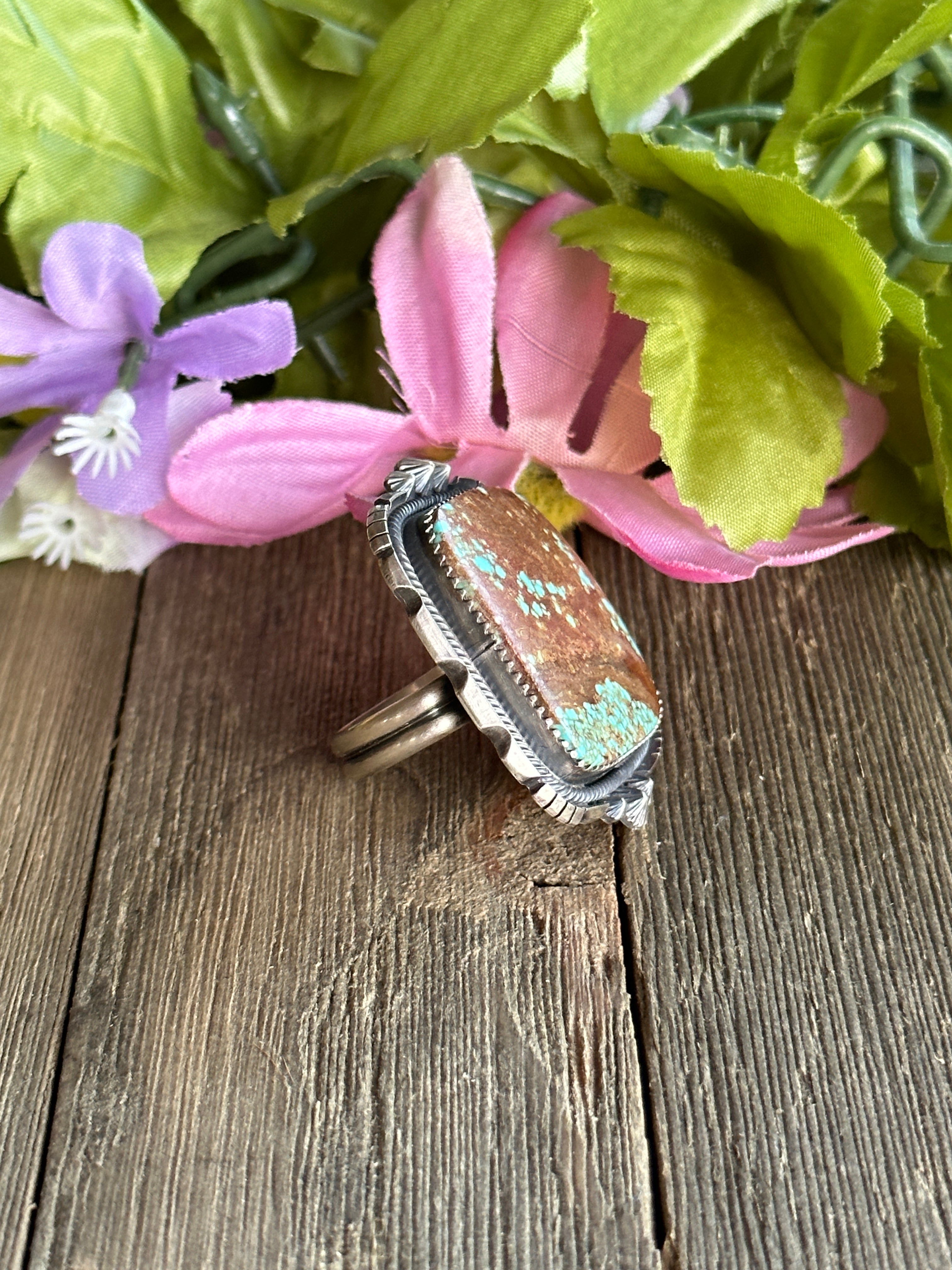 Navajo Made #8 Turquoise and Sterling Silver Adjustable Ring