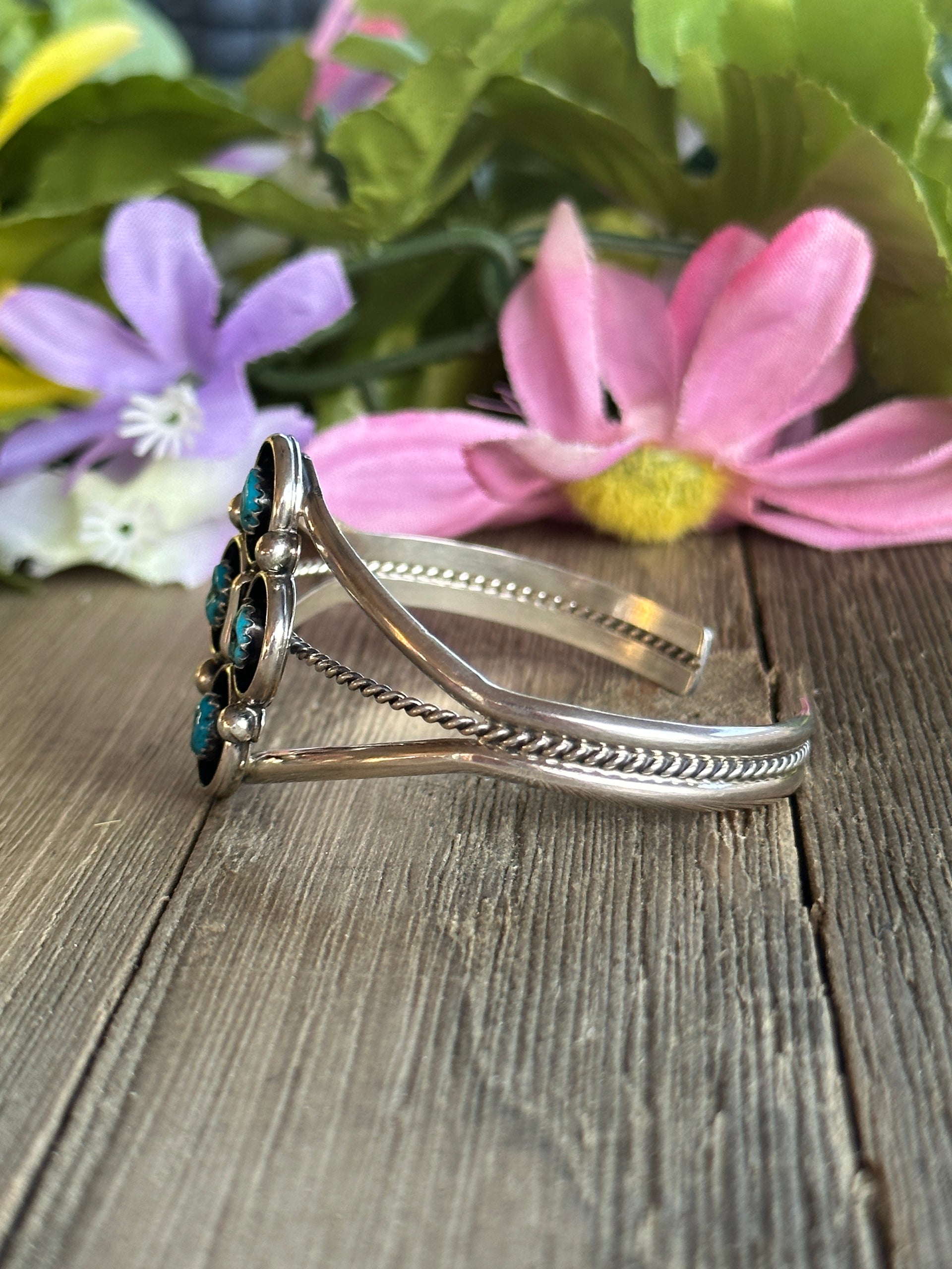 Navajo Made Kingman Turquoise and Sterling Silver Shadow Box Cuff Bracelet