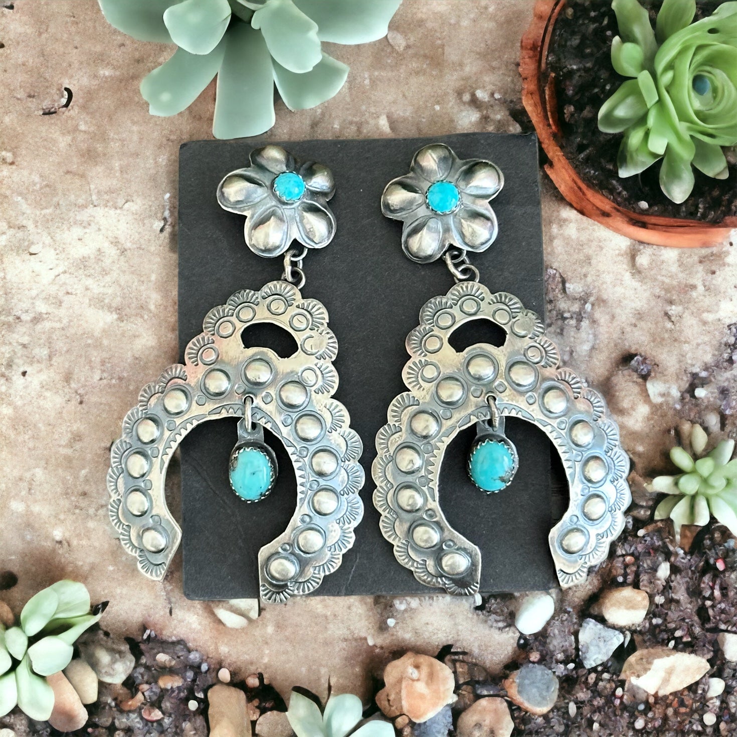 Tim Yazzie Kingman Turquoise & Sterling Silver Post Dangle Concho Earrings