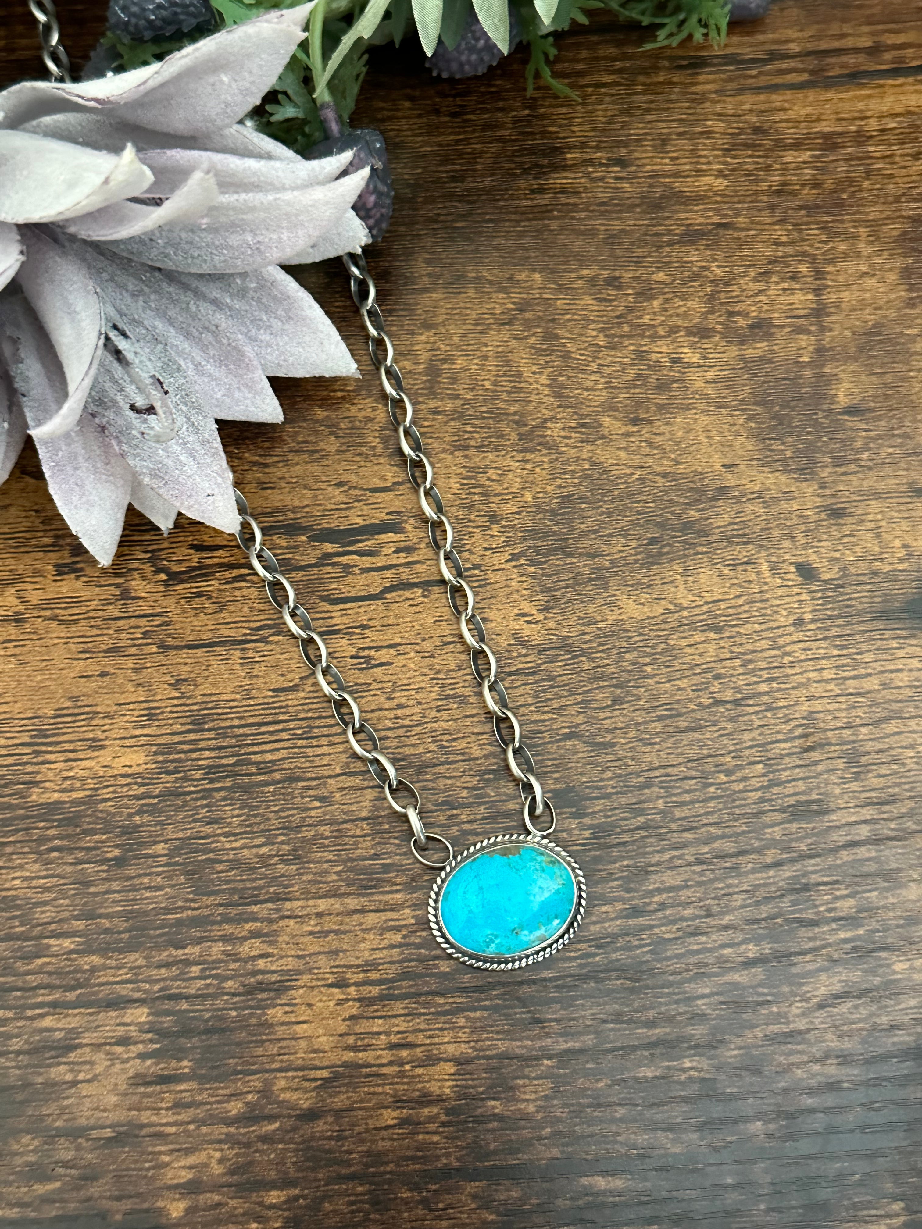 Navajo Made Kingman Turquoise & Sterling Silver Necklace