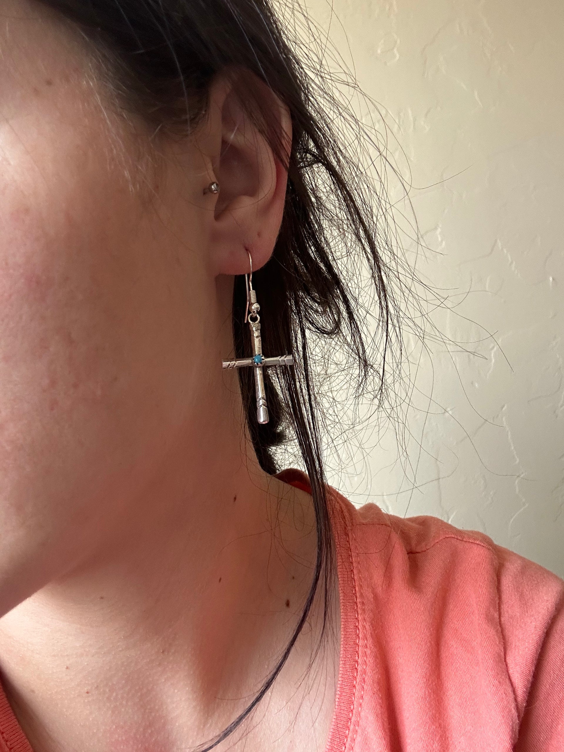 Navajo Made Sterling Silver Dangle Cross Earrings