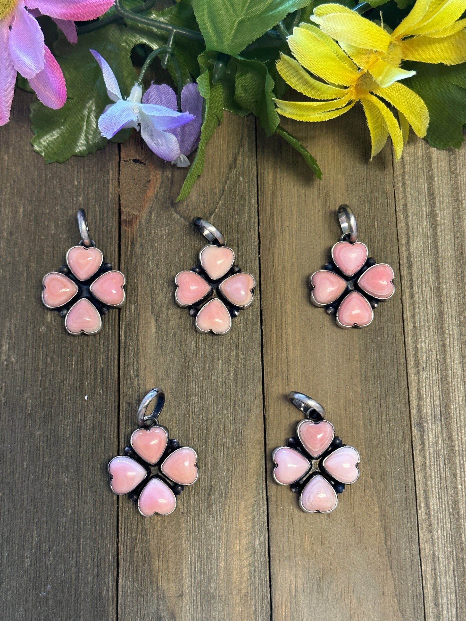 Navajo Made Pink Conch & Sterling Silver 4 Leaf Clover Pendant