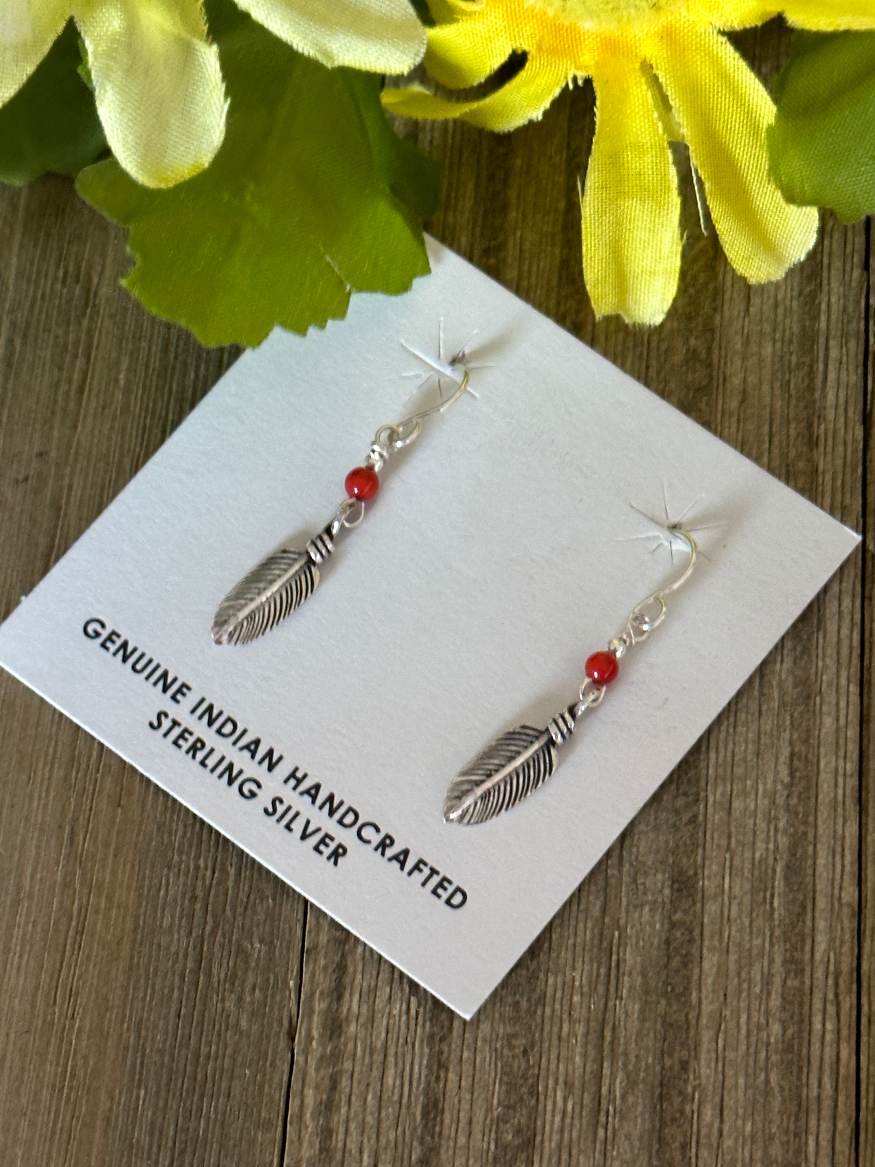 Navajo Made Coral & Sterling Silver Dangle Cross Earrings