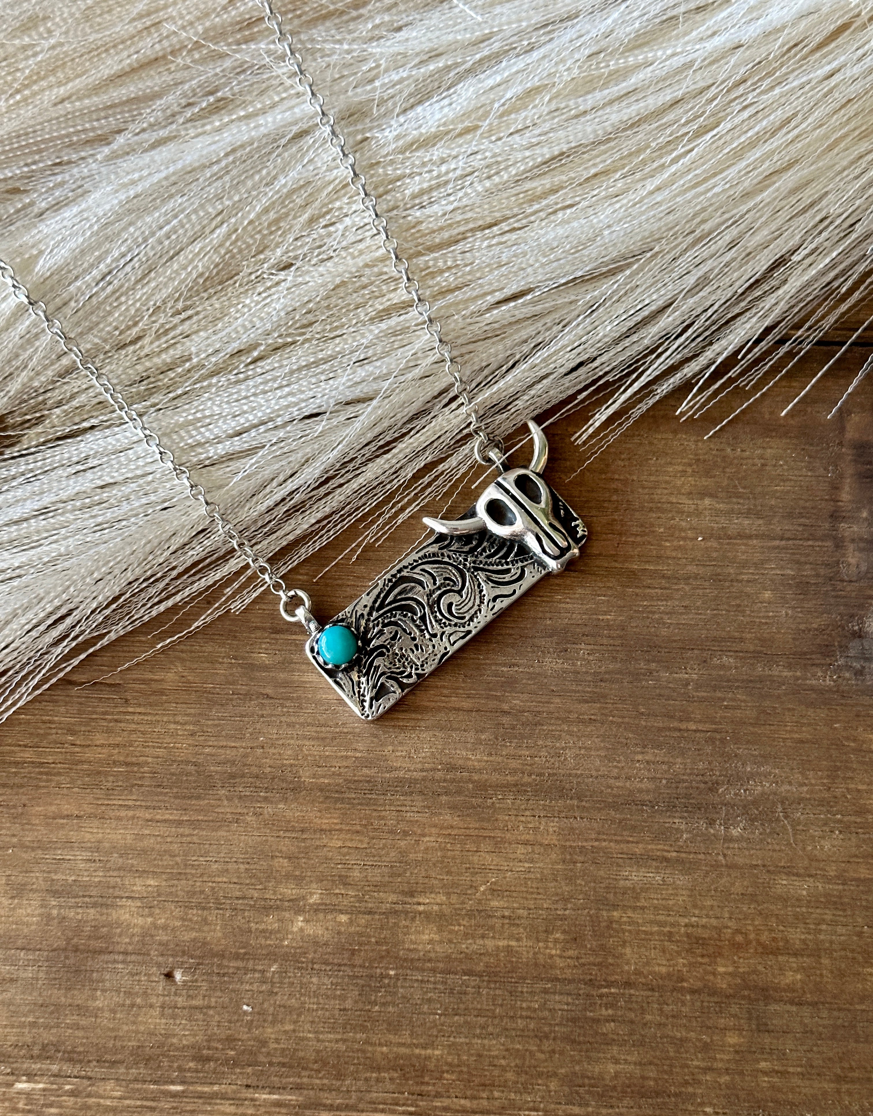 Southwest Handmade Turquoise & Sterling Silver Steer Bar Necklace