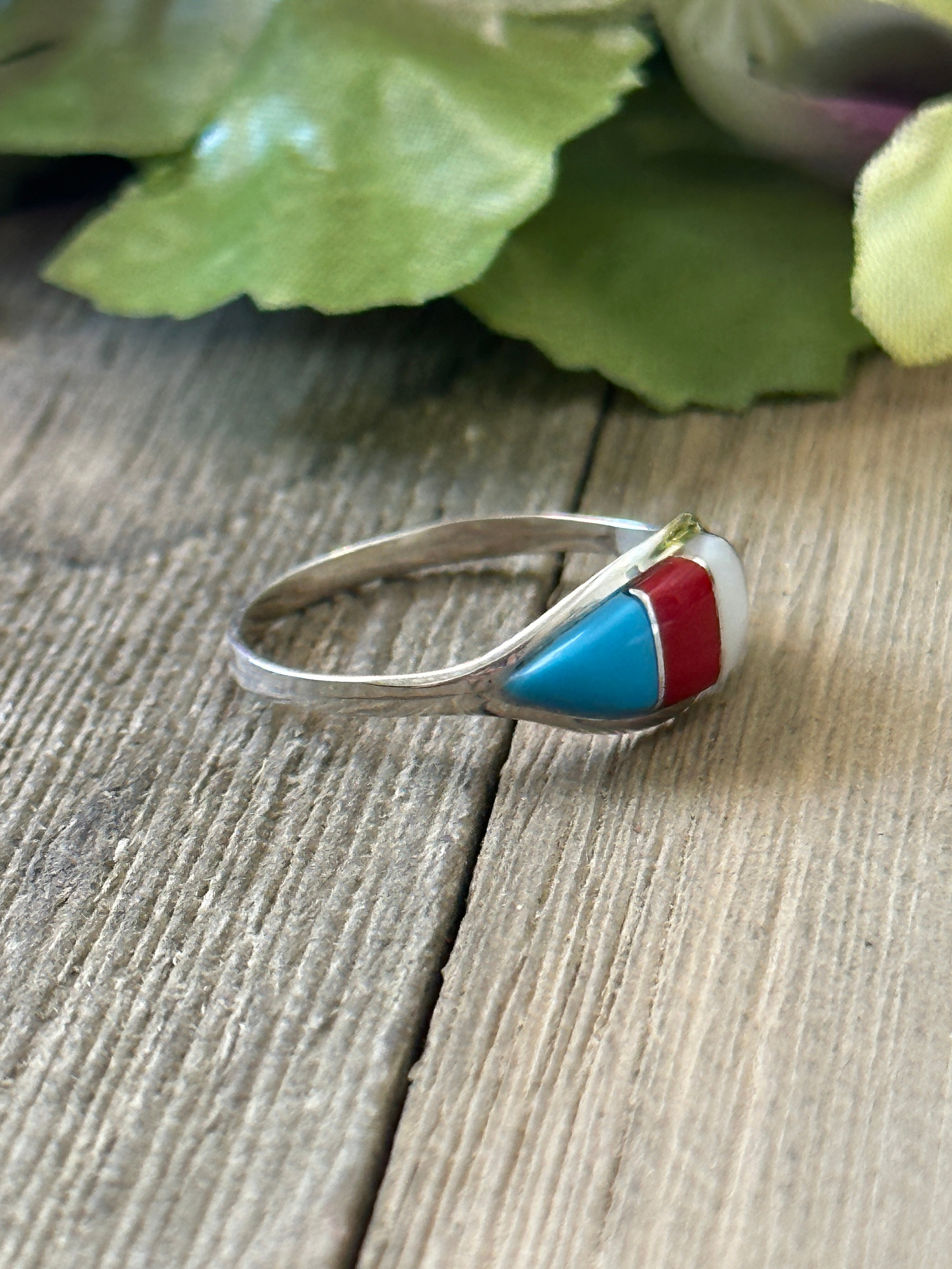 Navajo Made Multi Stone & Sterling Silver Inlay Ring