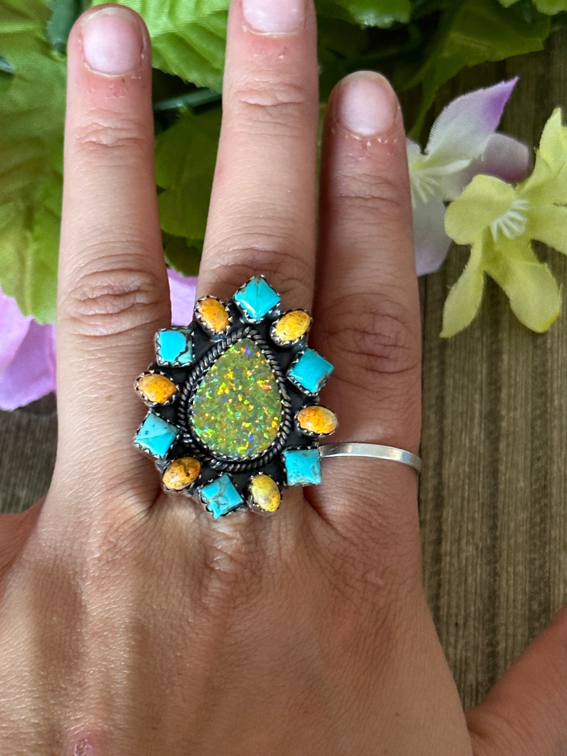 Southwest Handmade Multi Stone & Sterling Silver Adjustable Ring