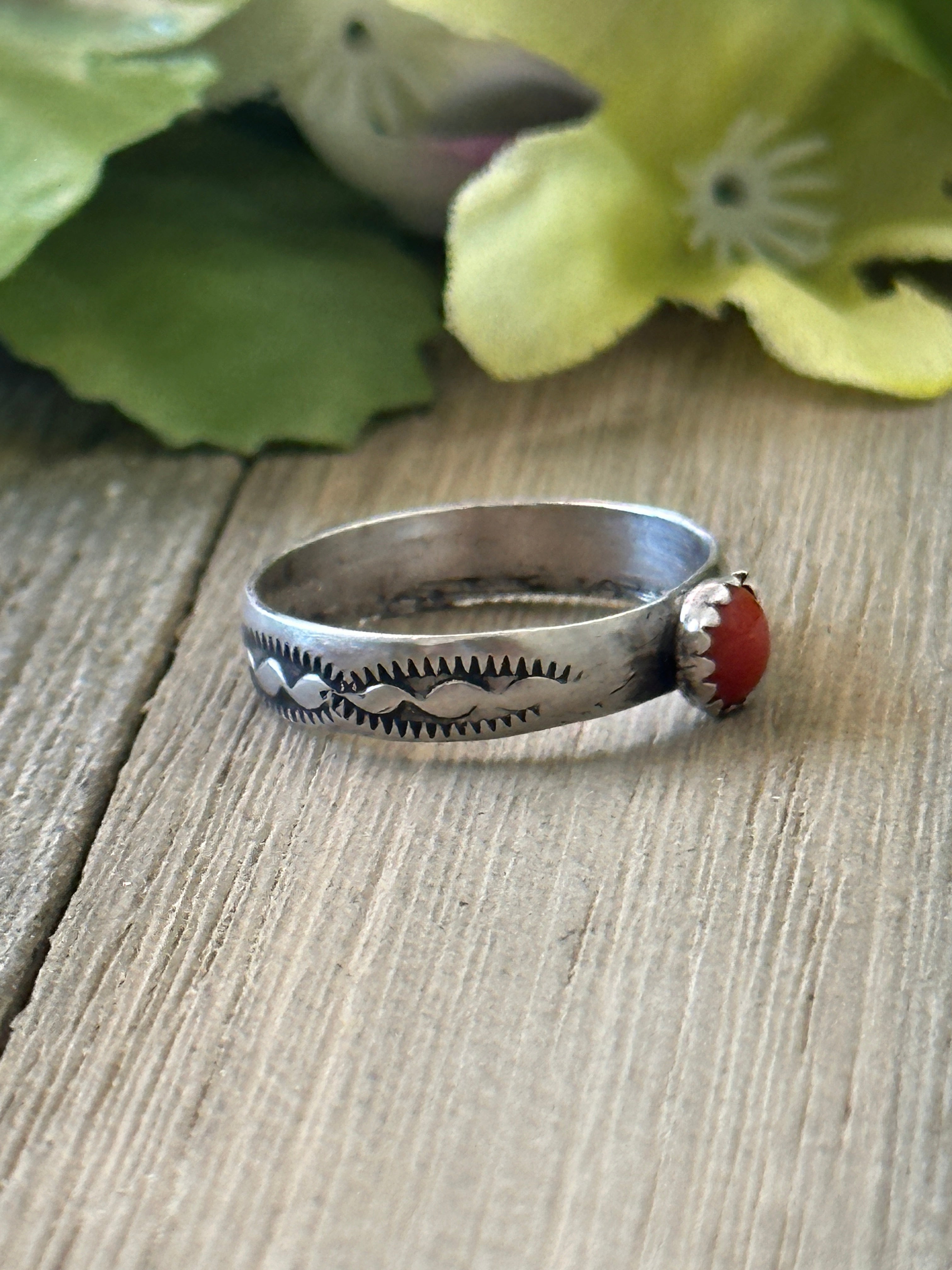 Navajo Made Red Coral & Sterling Silver Ring