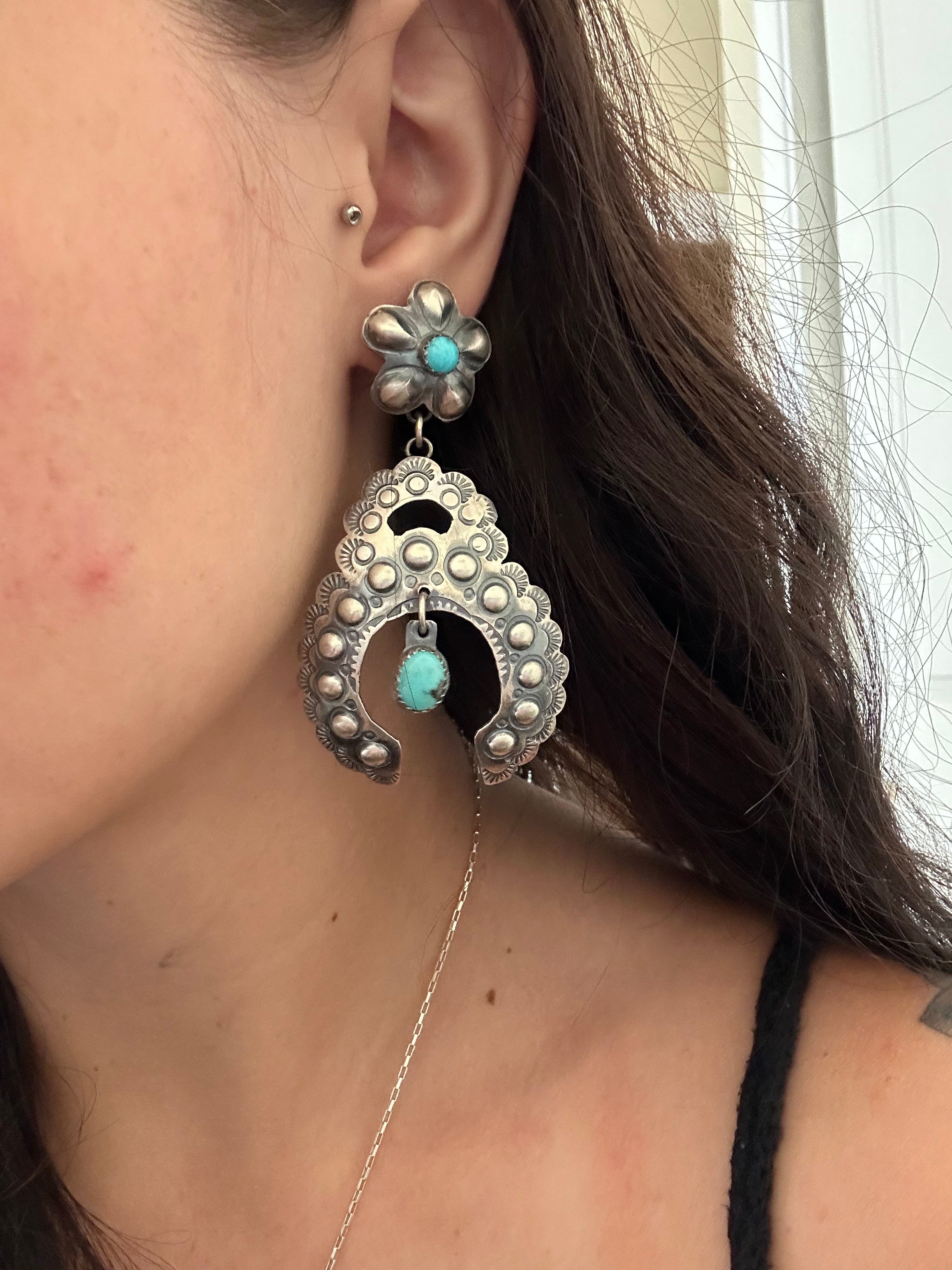 Tim Yazzie Kingman Turquoise & Sterling Silver Post Dangle Concho Earrings
