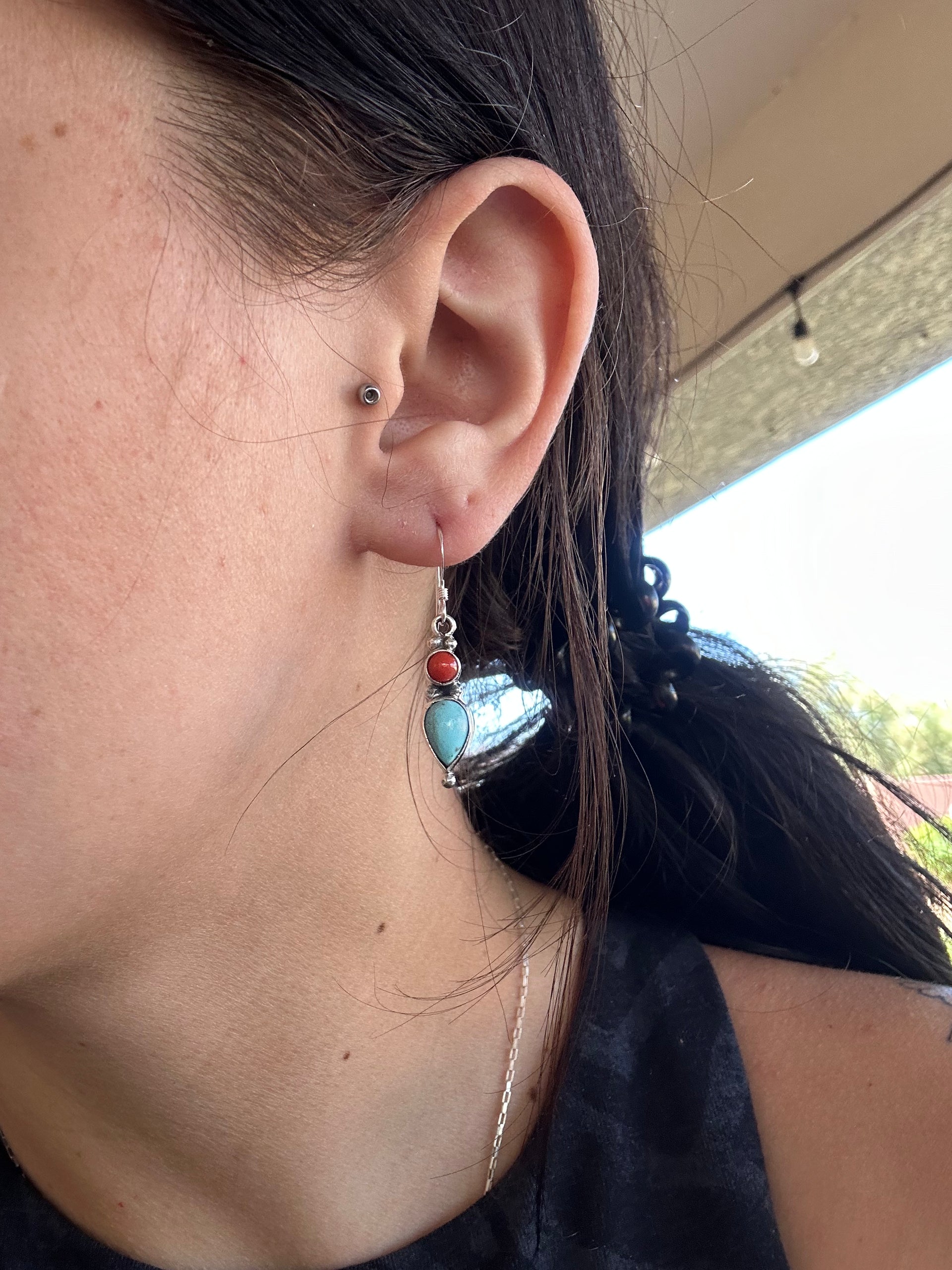 Navajo Made Multi Stone & Sterling Silver Dangle Earrings