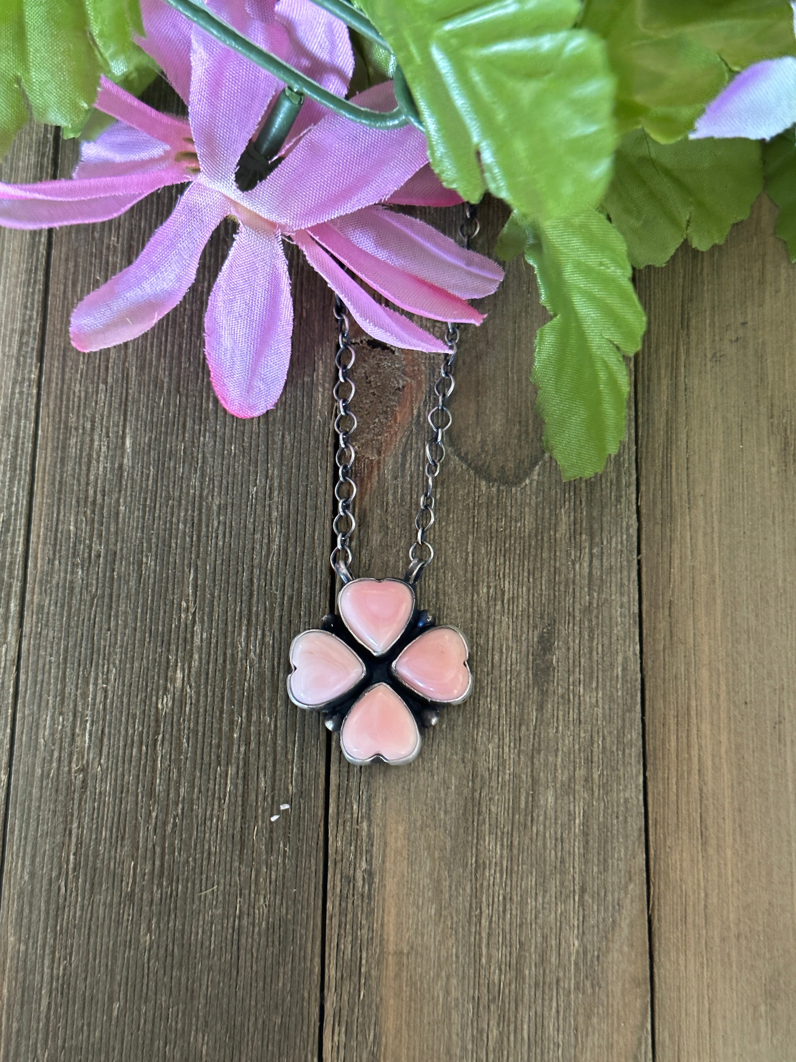 Navajo Made Pink Conch & Sterling Silver Necklace