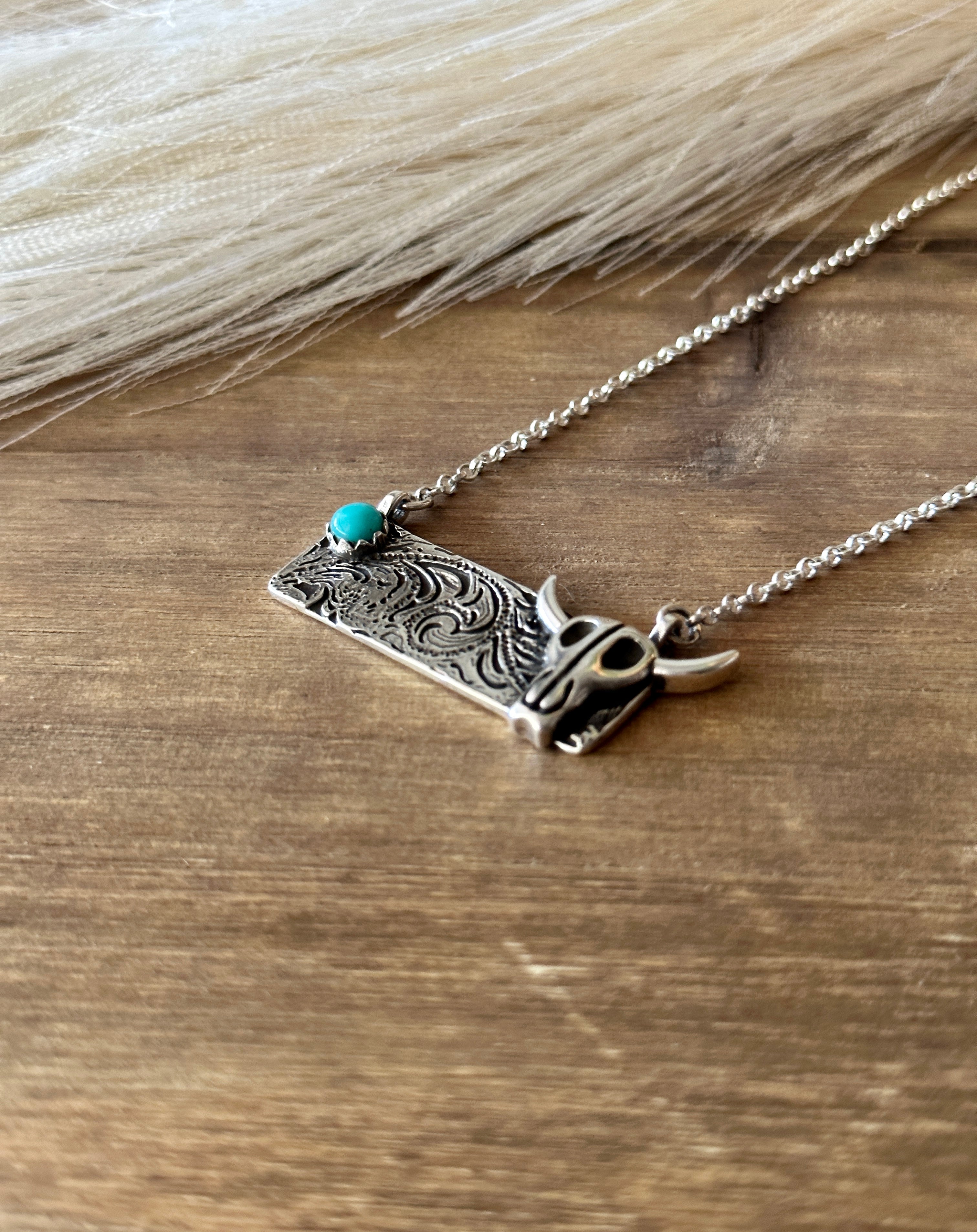 Southwest Handmade Turquoise & Sterling Silver Steer Bar Necklace
