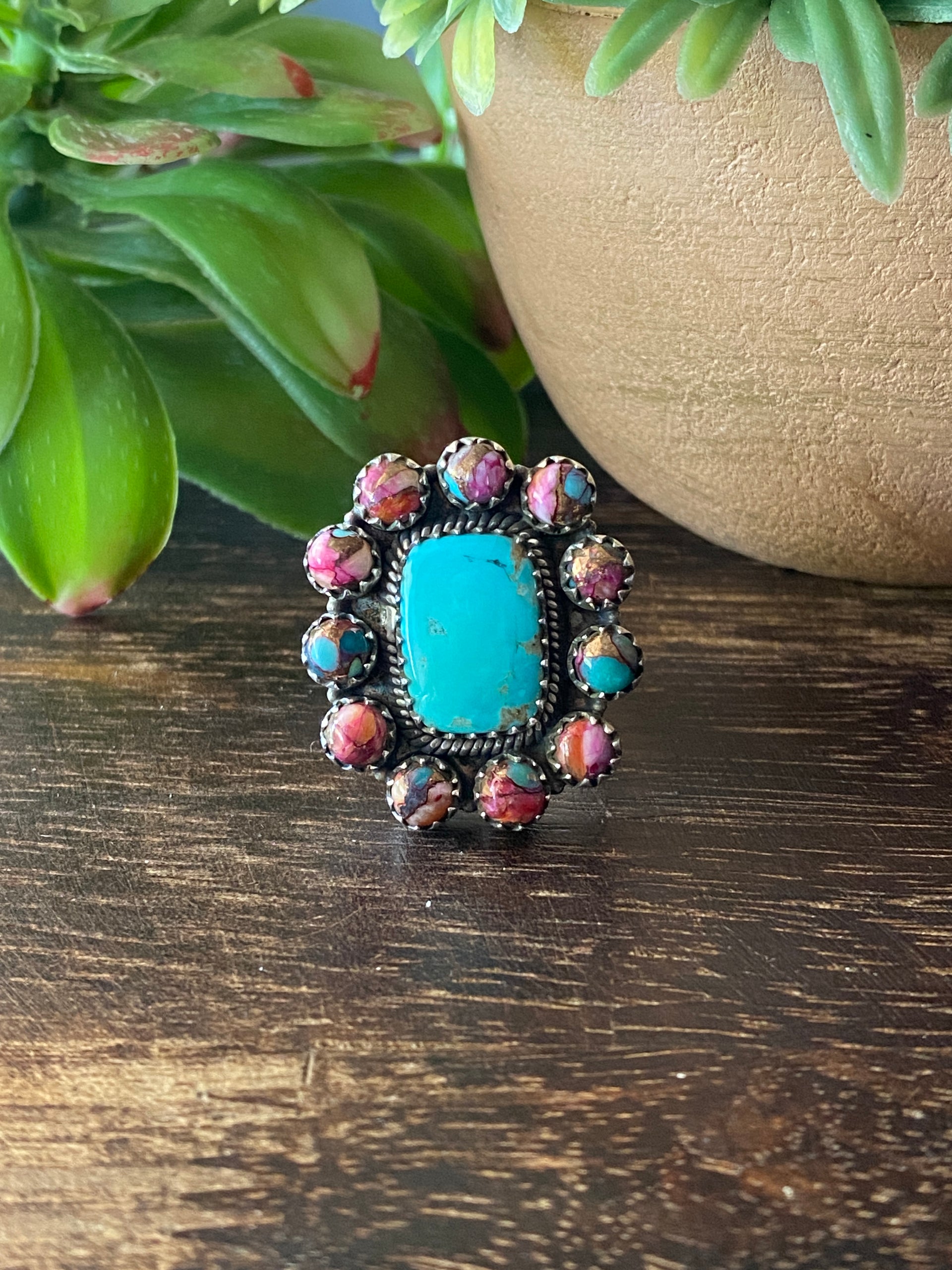 Southwest Handmade Multi Stone & Sterling Silver Adjustable Cluster Ring