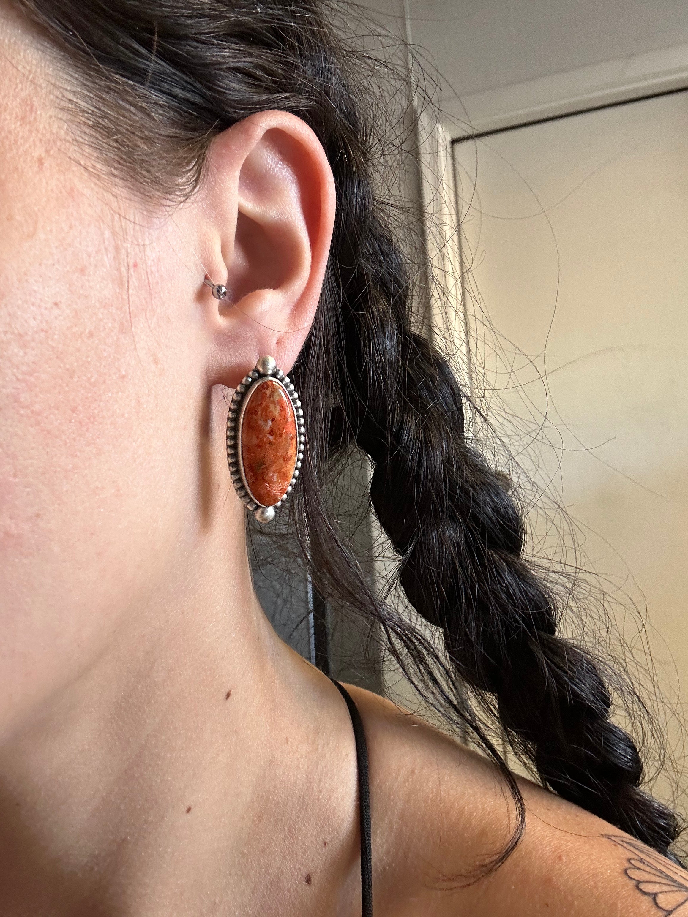 Navajo Made Apple Coral & Sterling Silver Post Earrings