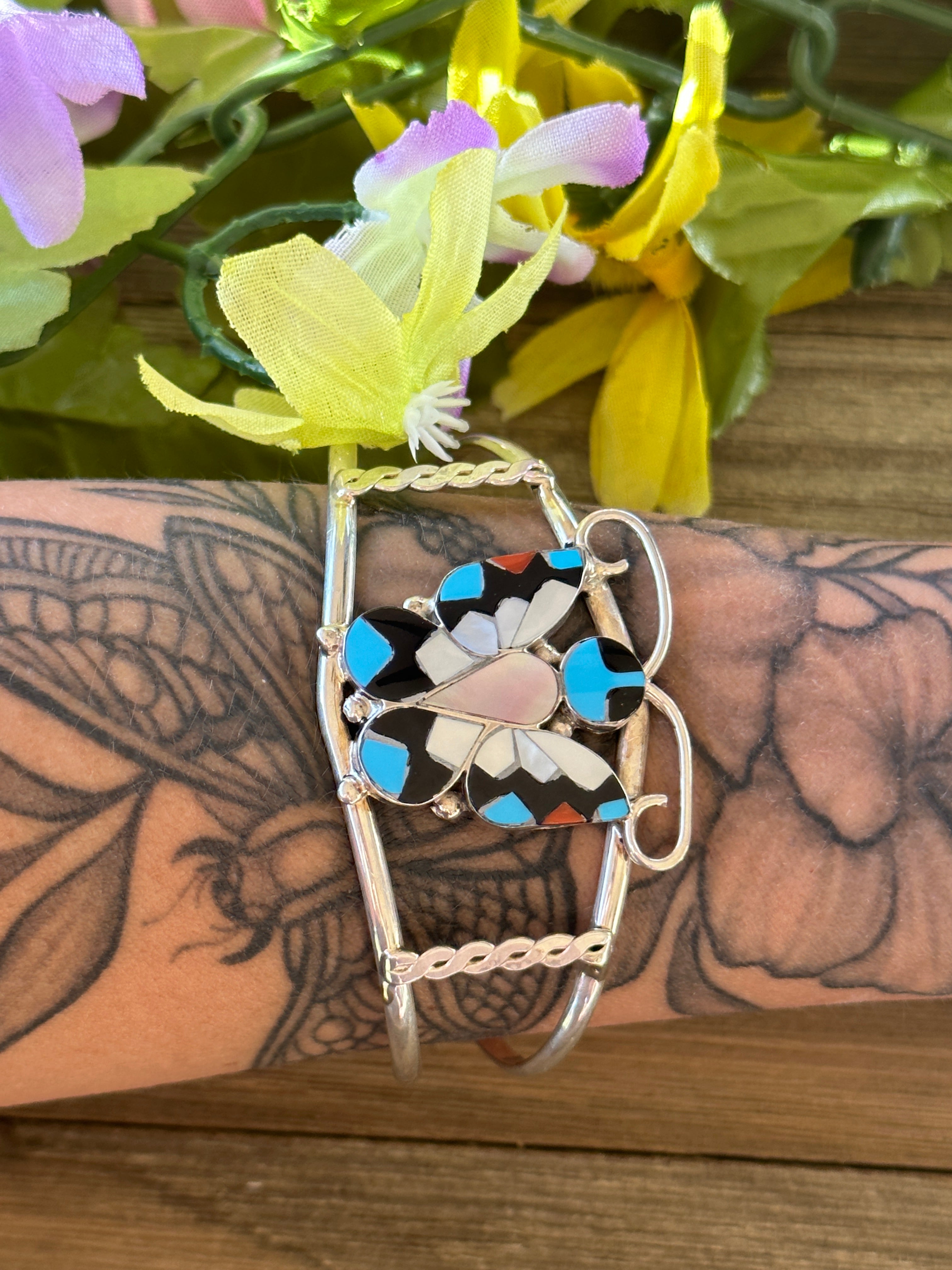 Alison Dishta Multi Stone & Sterling Silver Butterfly Inlay Cuff Bracelet