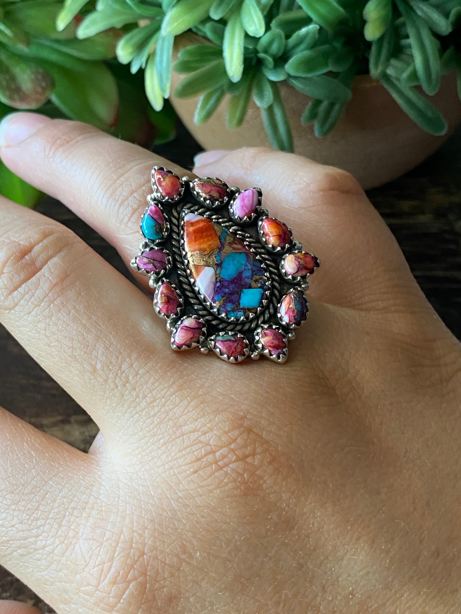 Southwest Handmade Multi Stone & Sterling Silver Adjustable Cluster Ring