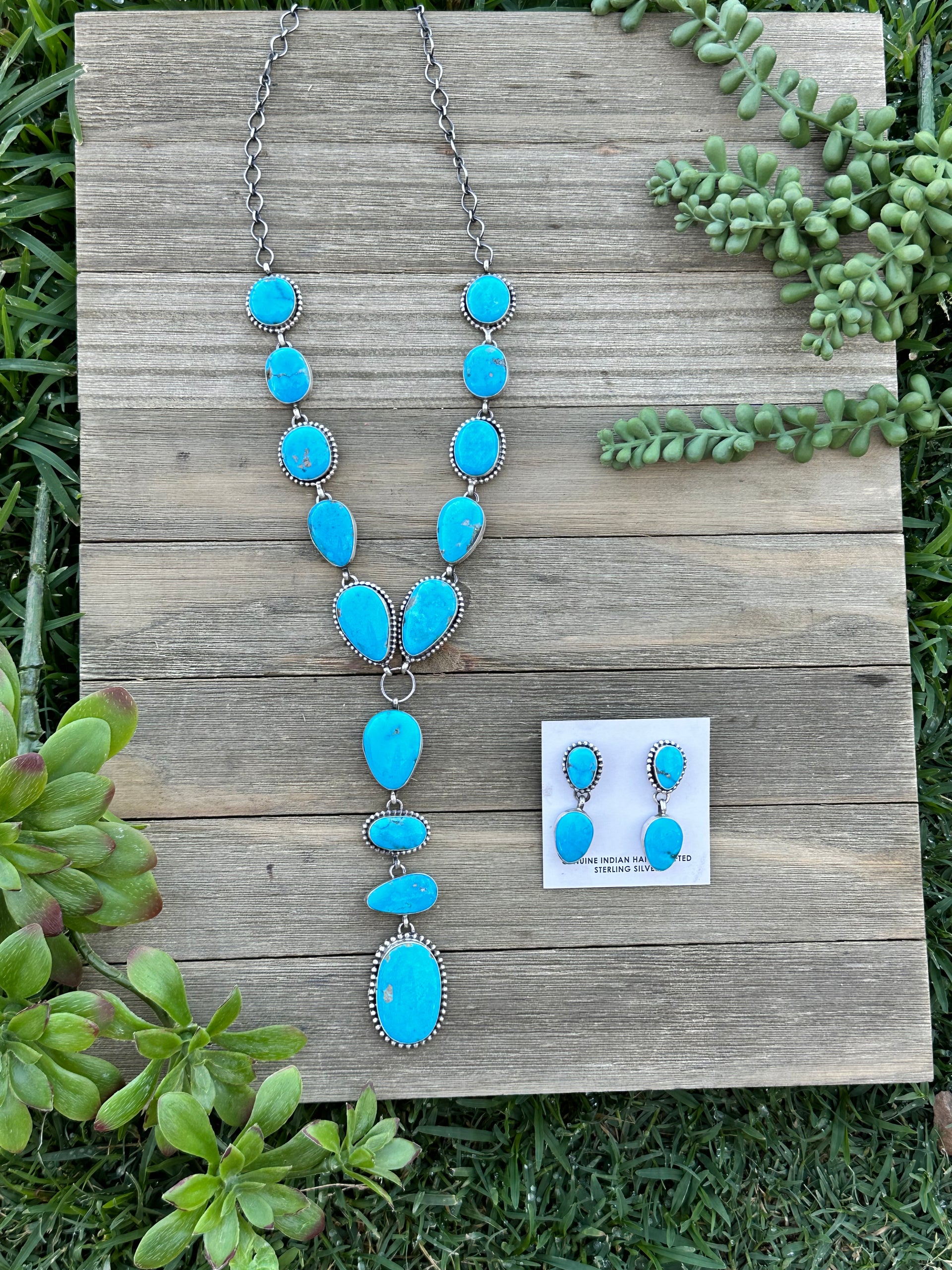 Navajo Made Kingman Turquoise and Sterling Silver Lariat Necklace Set