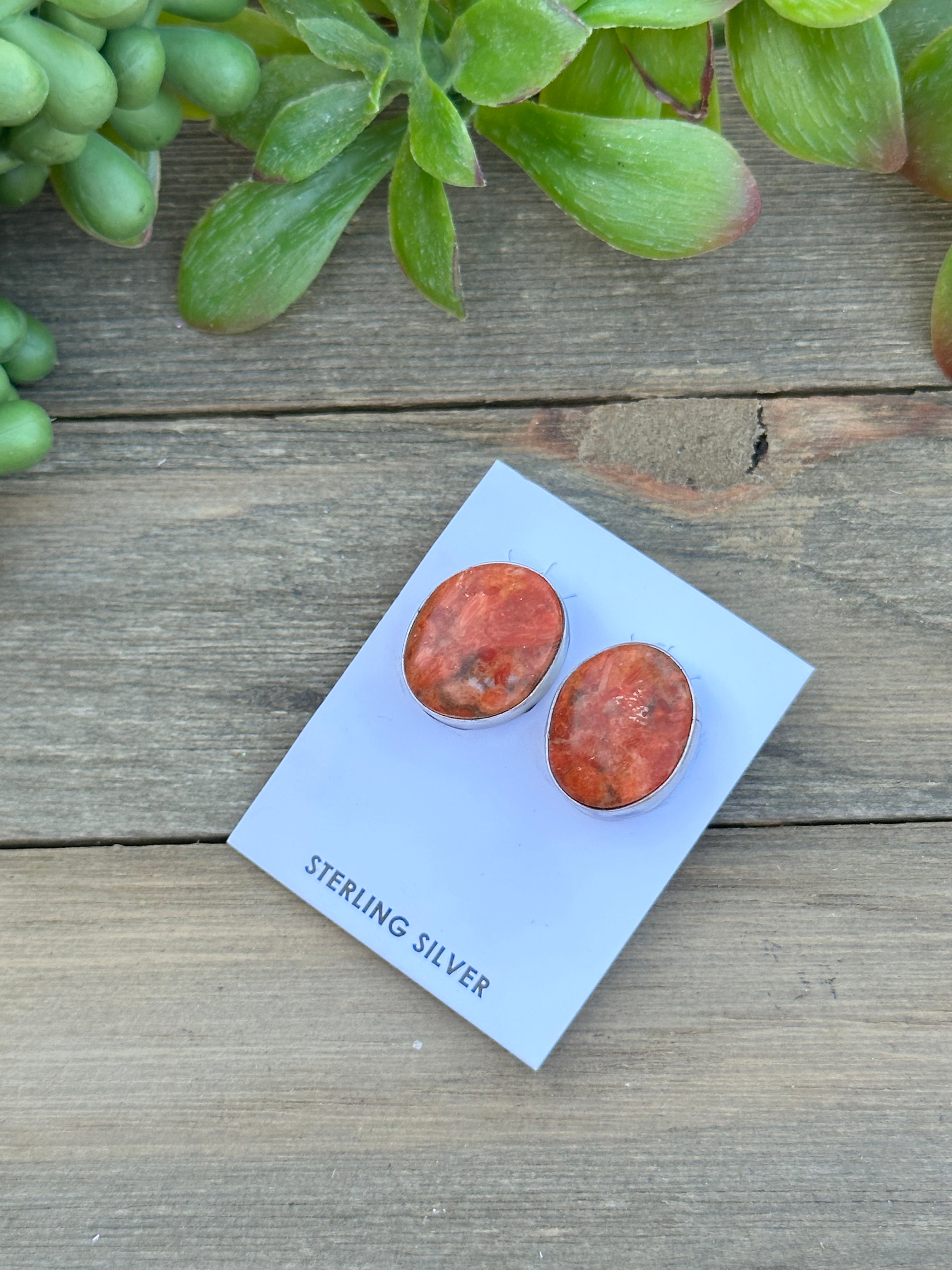 Navajo Made Apple Coral & Sterling Silver Post Earrings