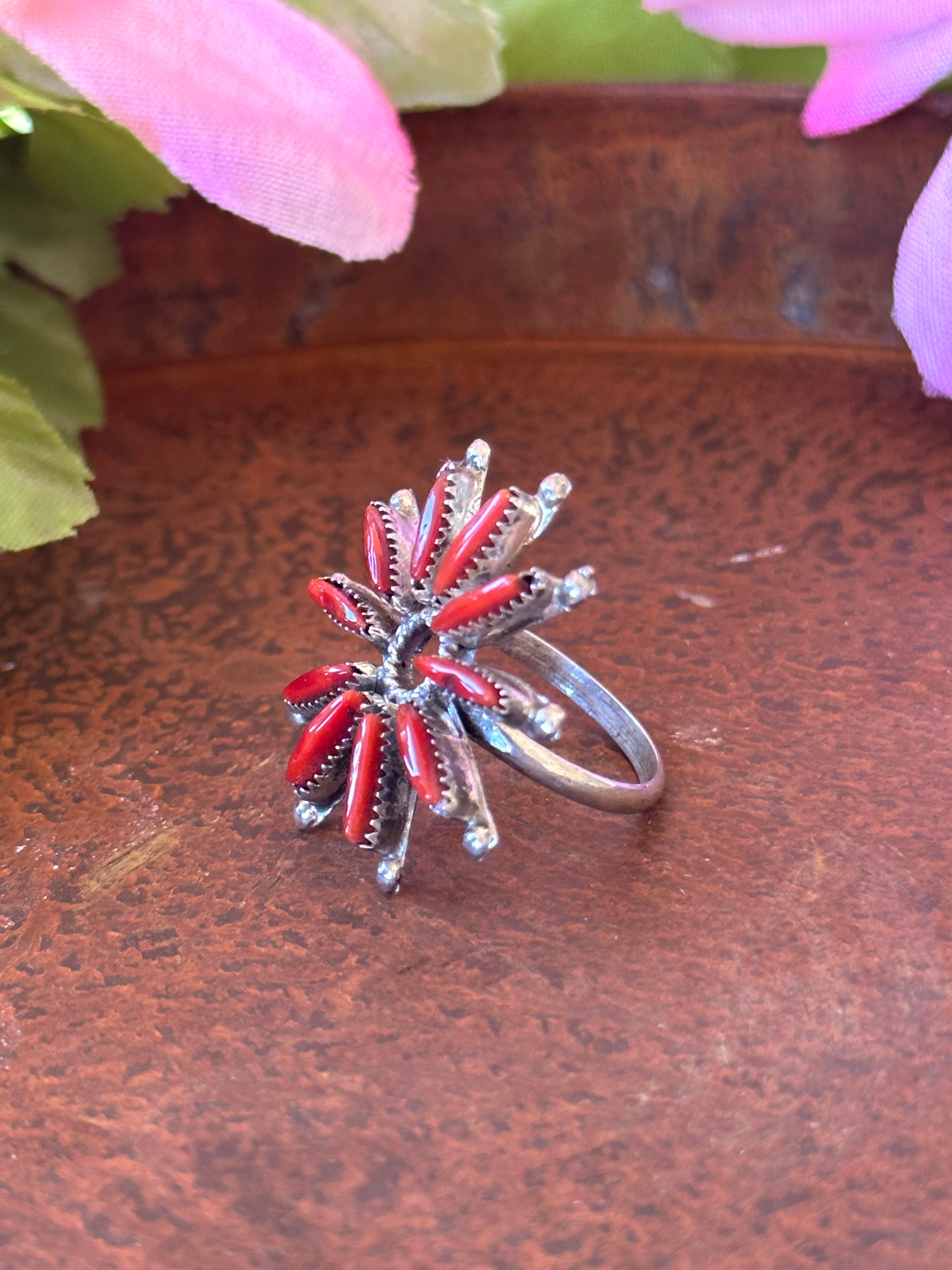 Zuni Made Red Coral & Sterling Silver Ring Size 6