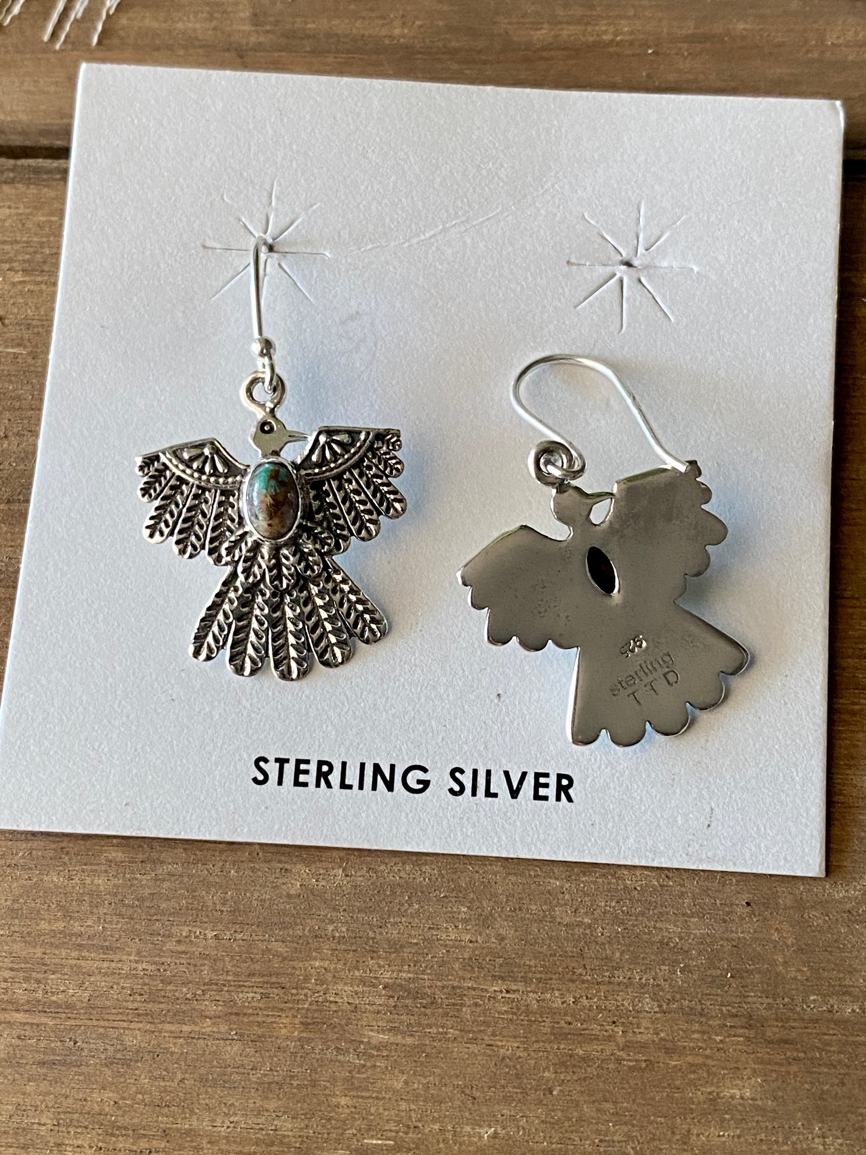 Southwest Handmade Royston Turquoise & Sterling Silver Thunderbird Dangles Earrings