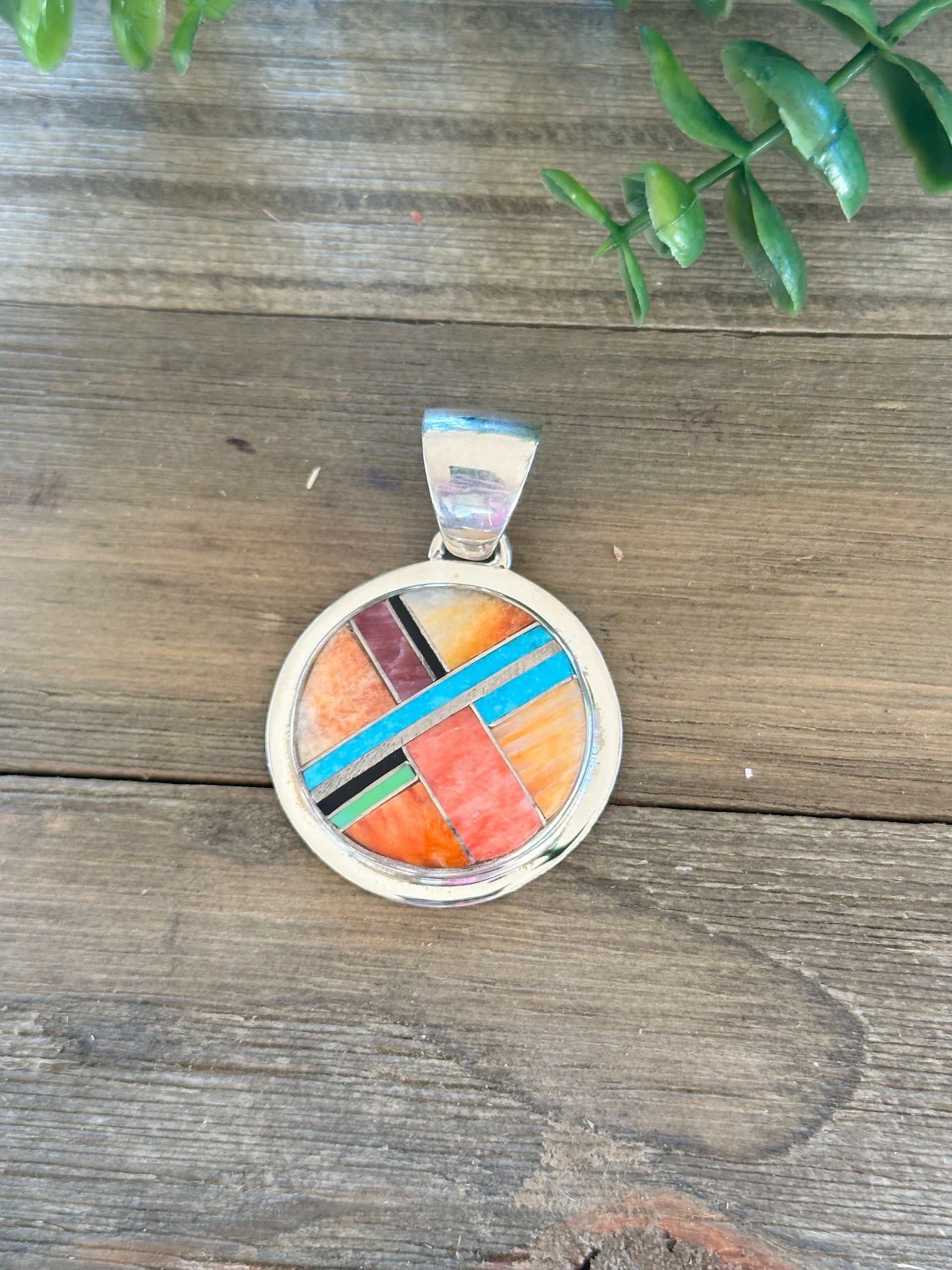 Navajo Made Multi Stone & Sterling Silver Inlay Reversible Pendant