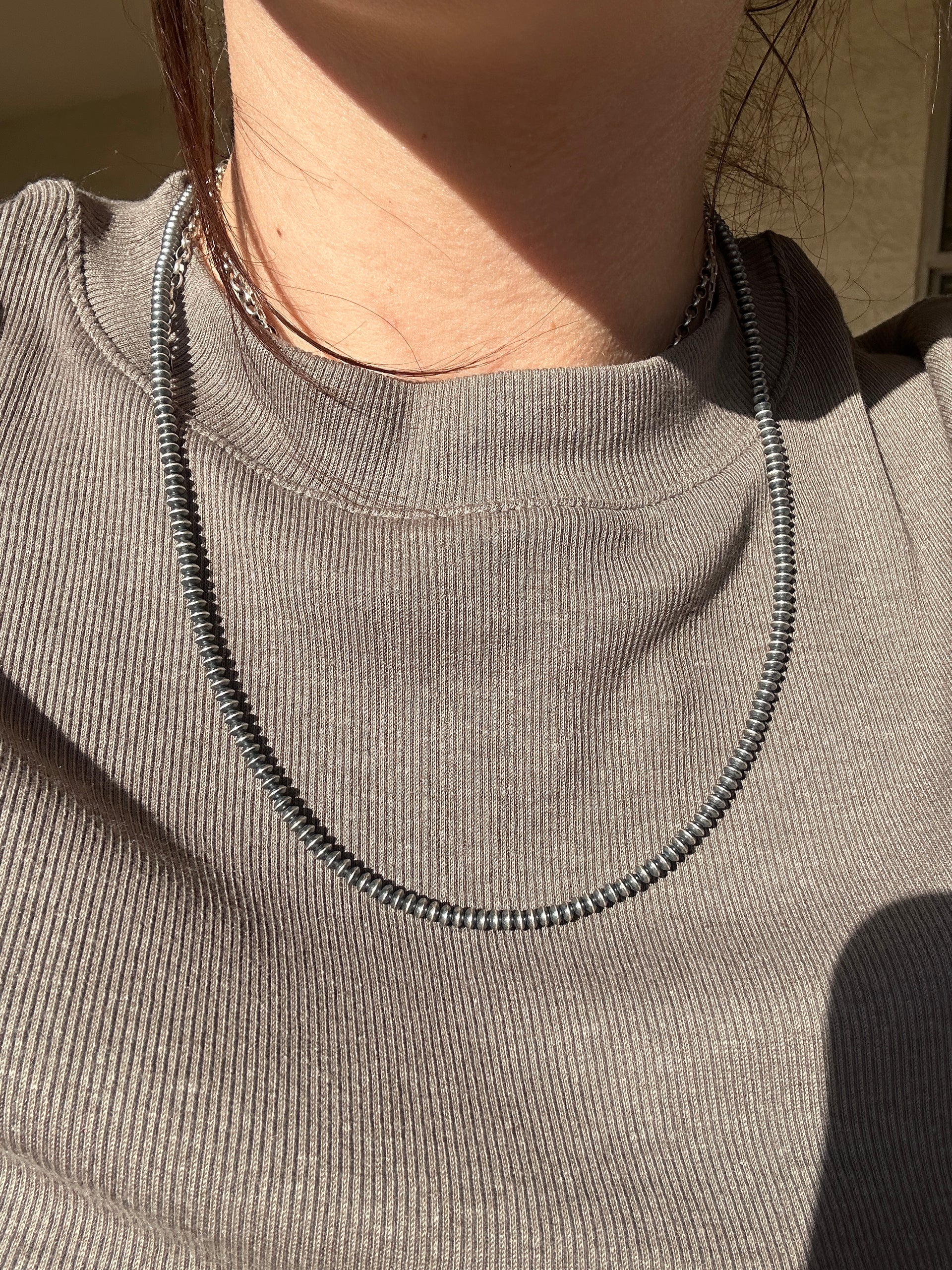 Navajo Strung Sterling Silver 3 MM Saucer Pearl Necklace