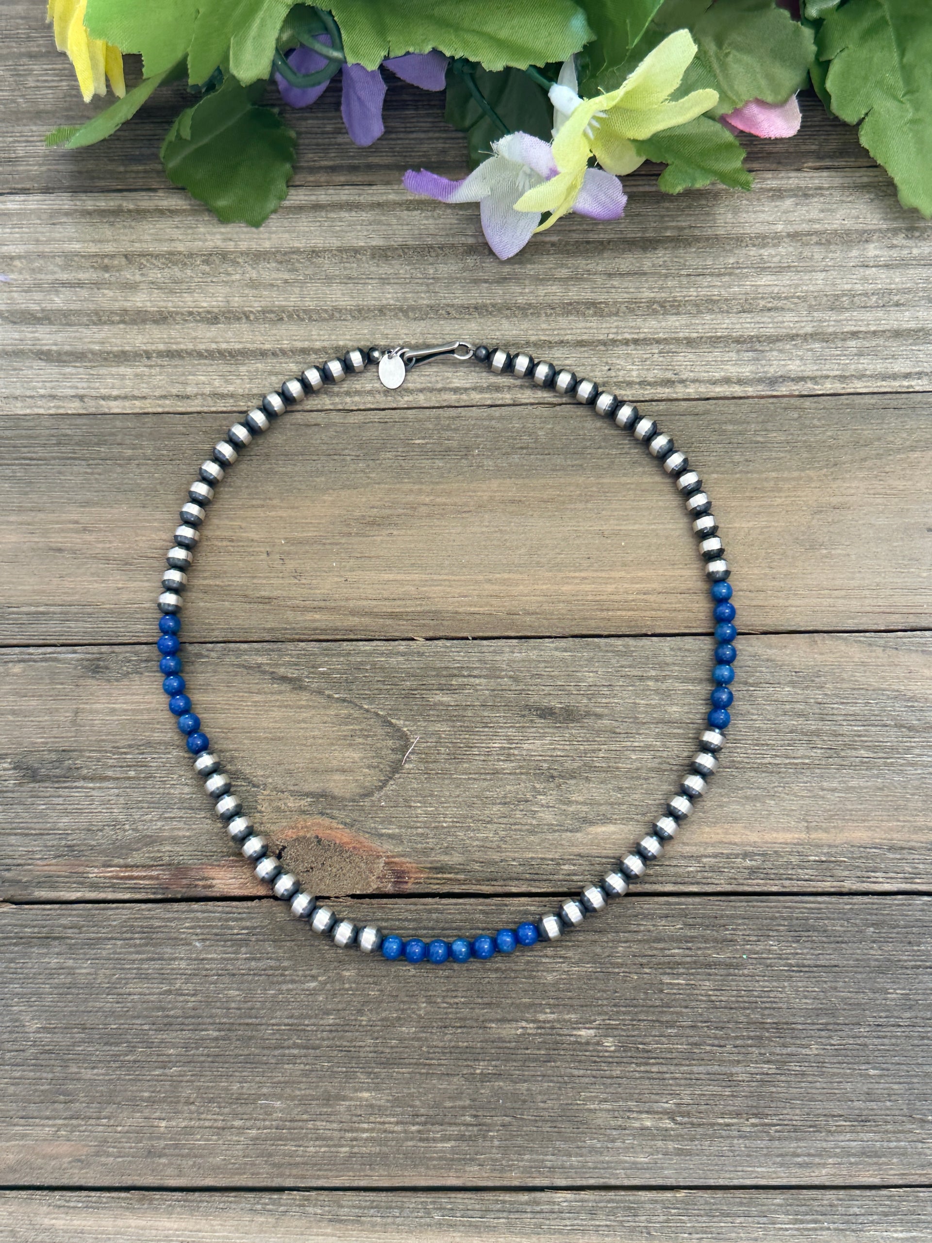 Navajo Strung Lapis & Sterling Silver 5 MM Pearl Necklace