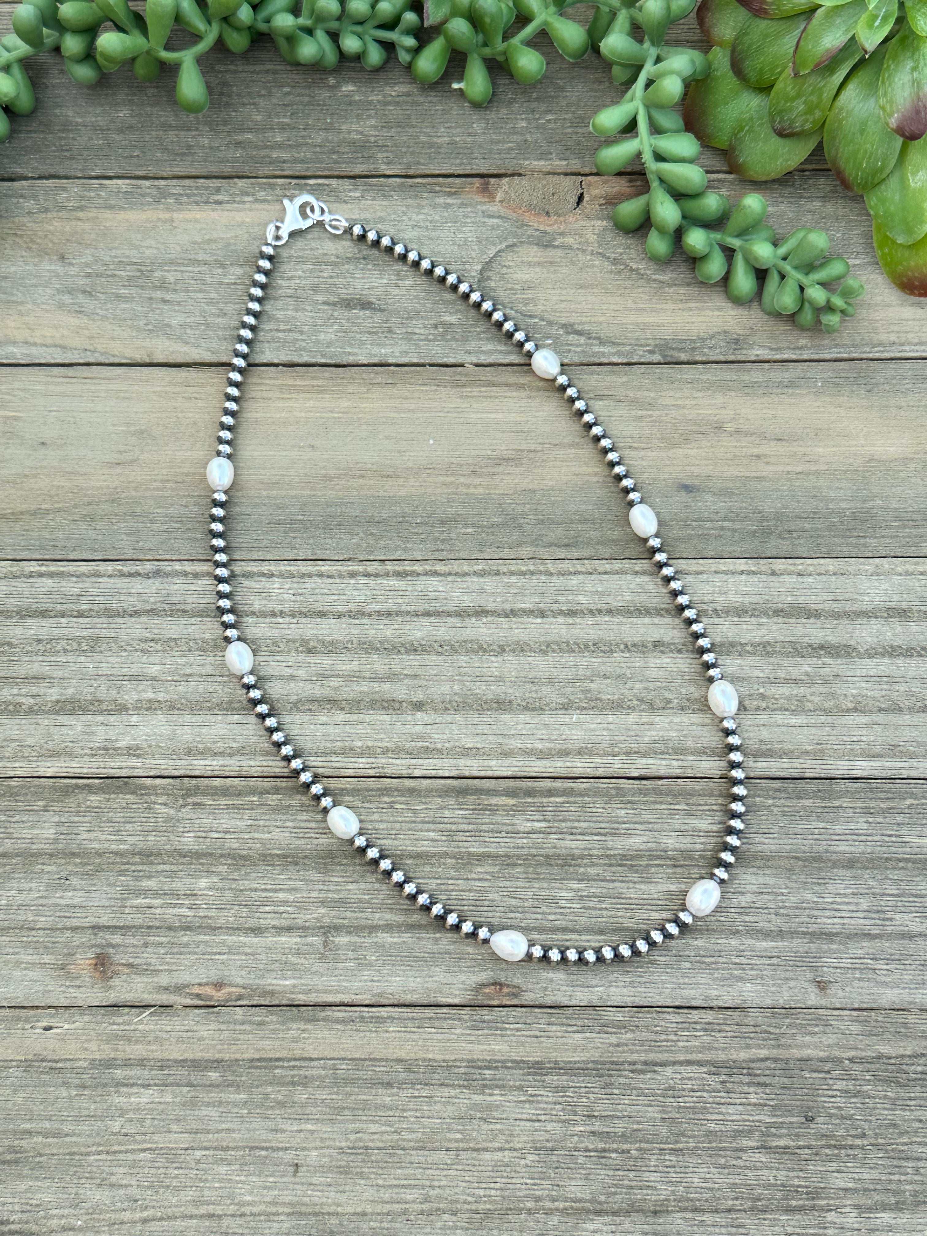 Navajo Strung Fresh Water Pearls & Sterling Silver Beaded Pearl Necklace