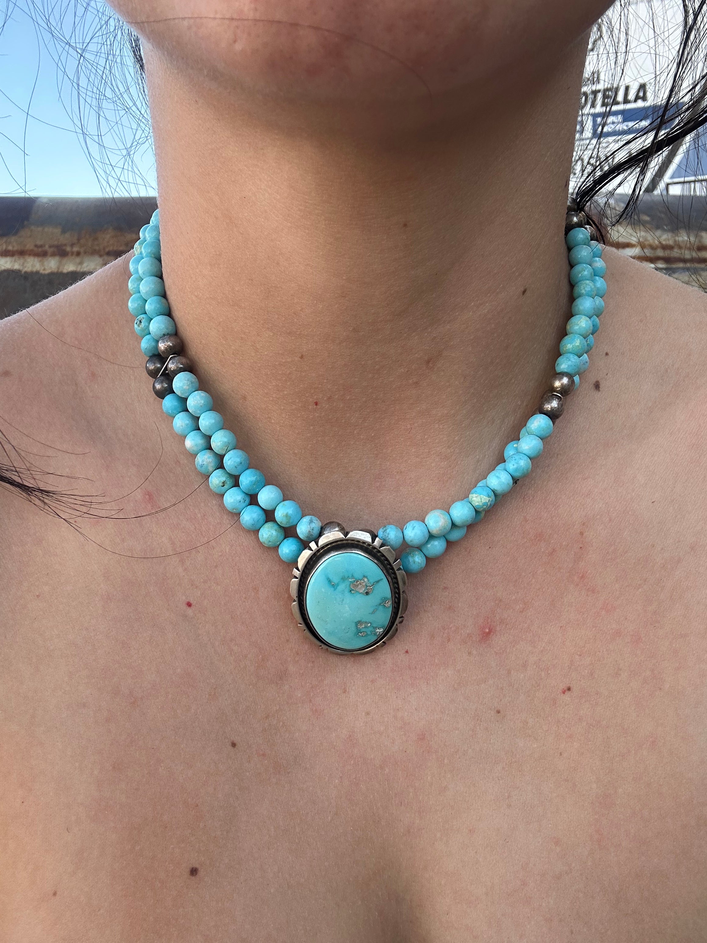 Navajo Made Campitos Turquoise and Sterling Silver Necklace