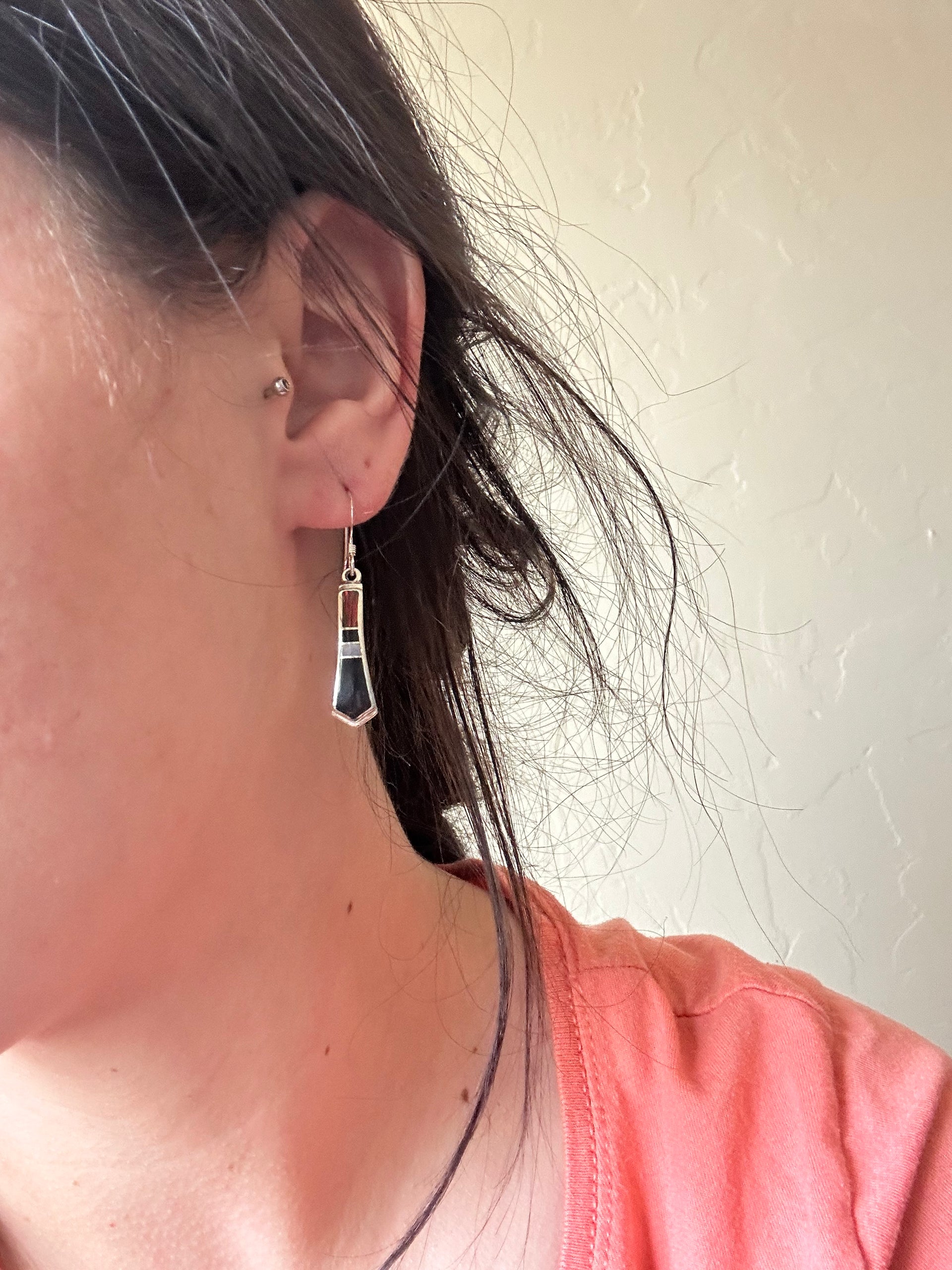 Navajo Made Multi Stone & Sterling Silver Inlay Dangle Earrings