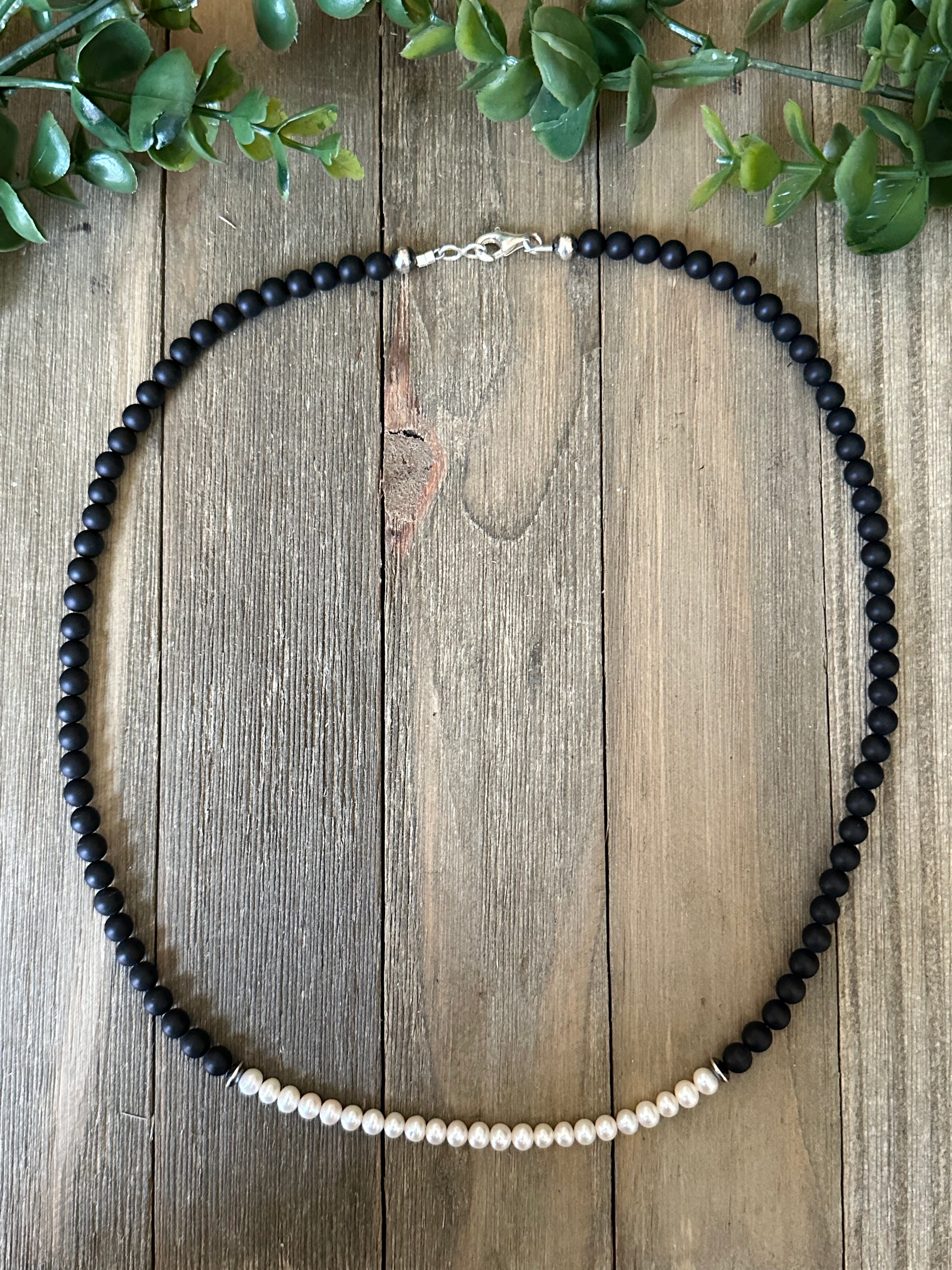 Navajo Strung Onyx & Fresh Wayer Pearls & Sterling Silver Beaded Necklace