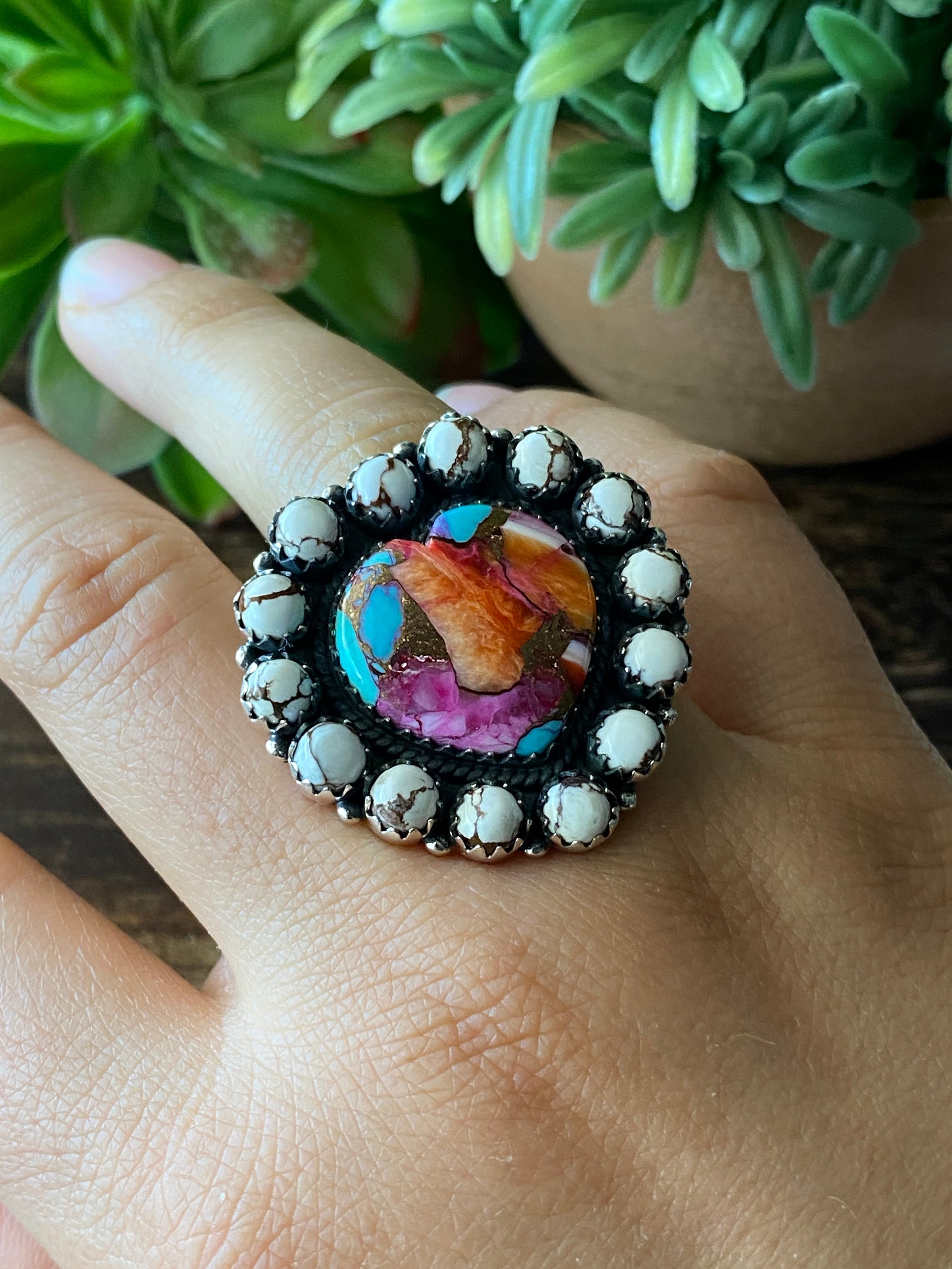 Southwest Handmade Multi Stone & Sterling Silver Adjustable Cluster Ring