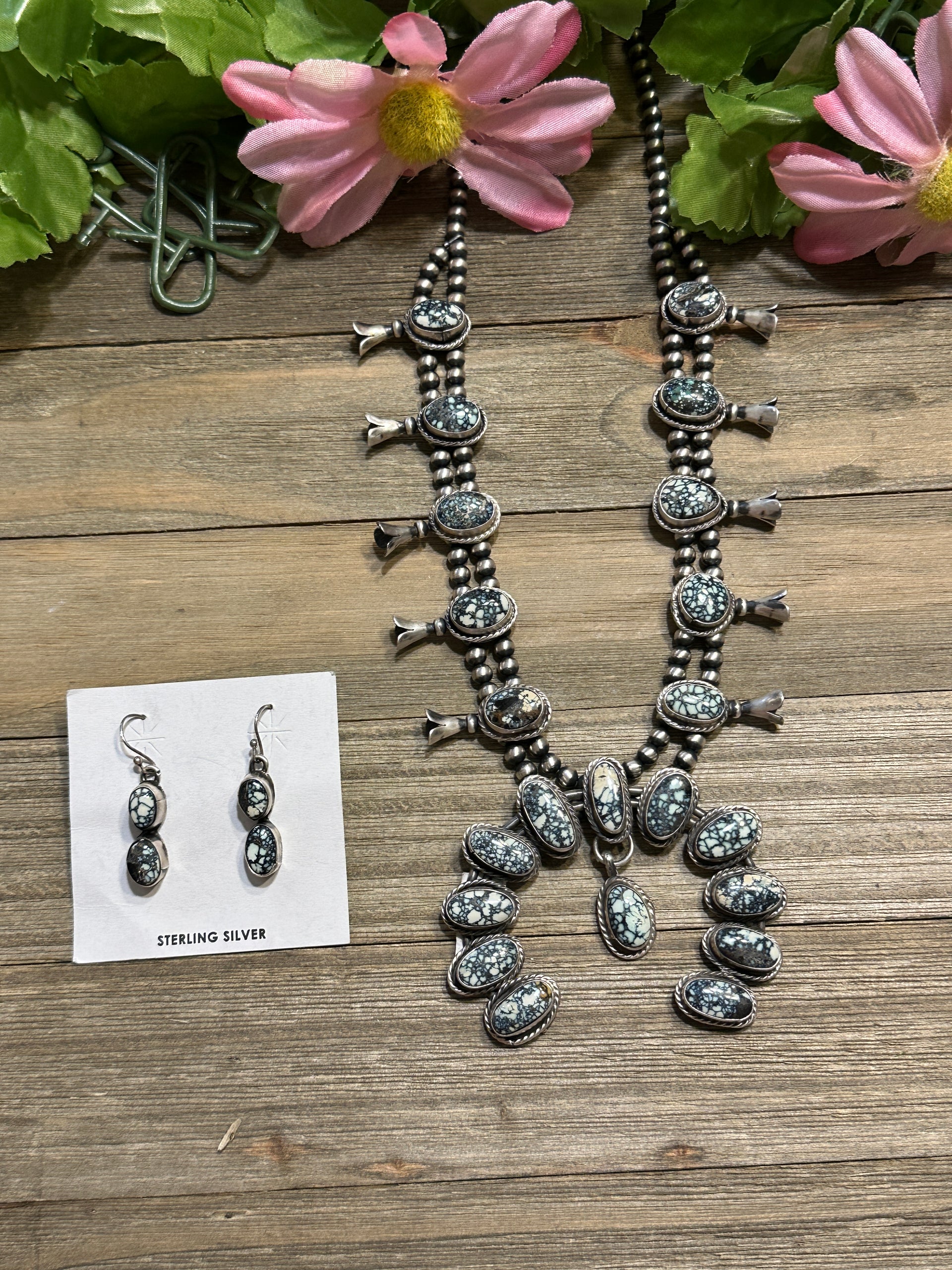 Navajo Made New Lander Variscite & Sterling Silver Squash Blossom Necklace Set.
