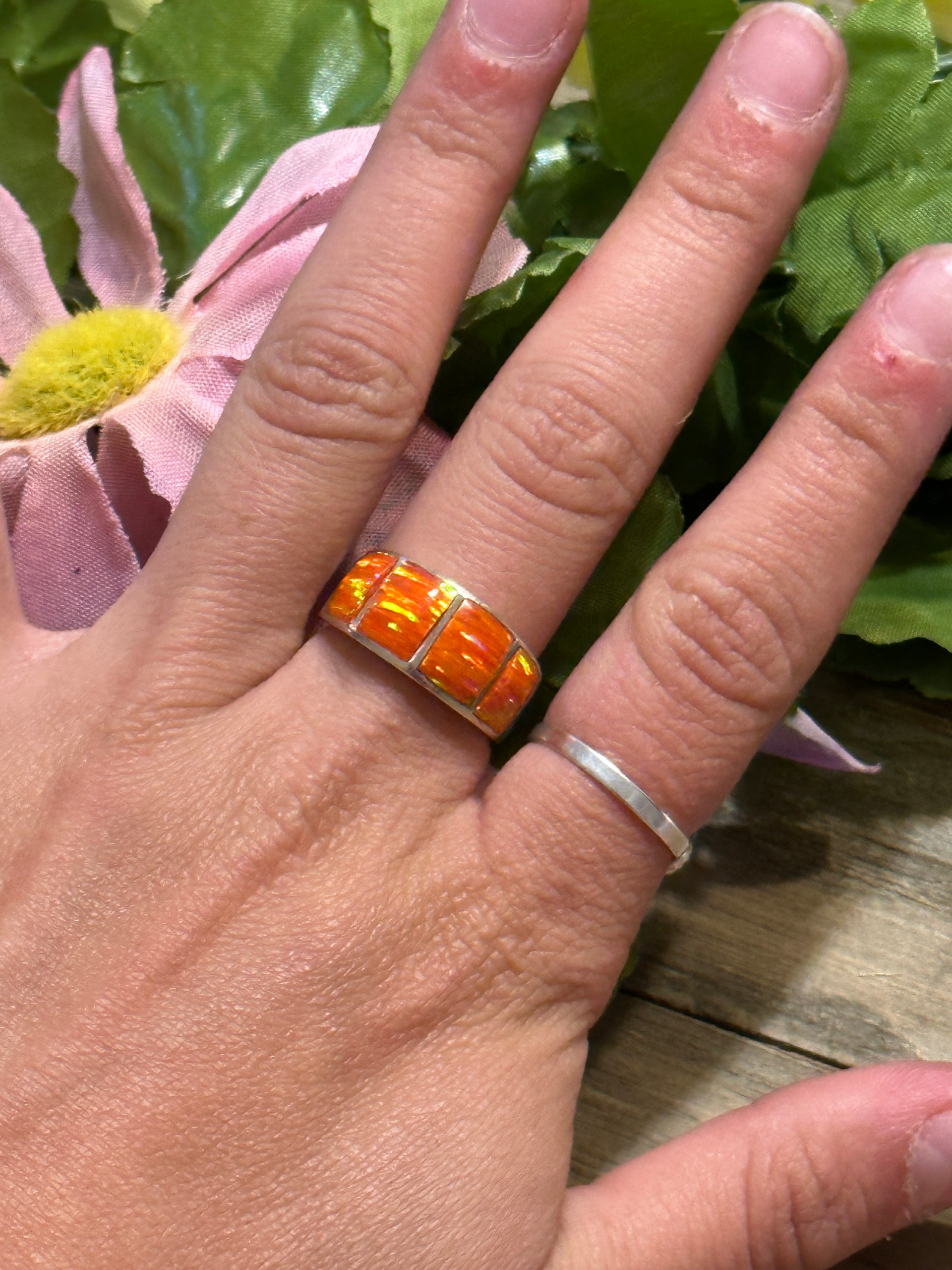 Navajo Made Opal (Man Made) & Sterling Silver Inlay Ring Size 6.75