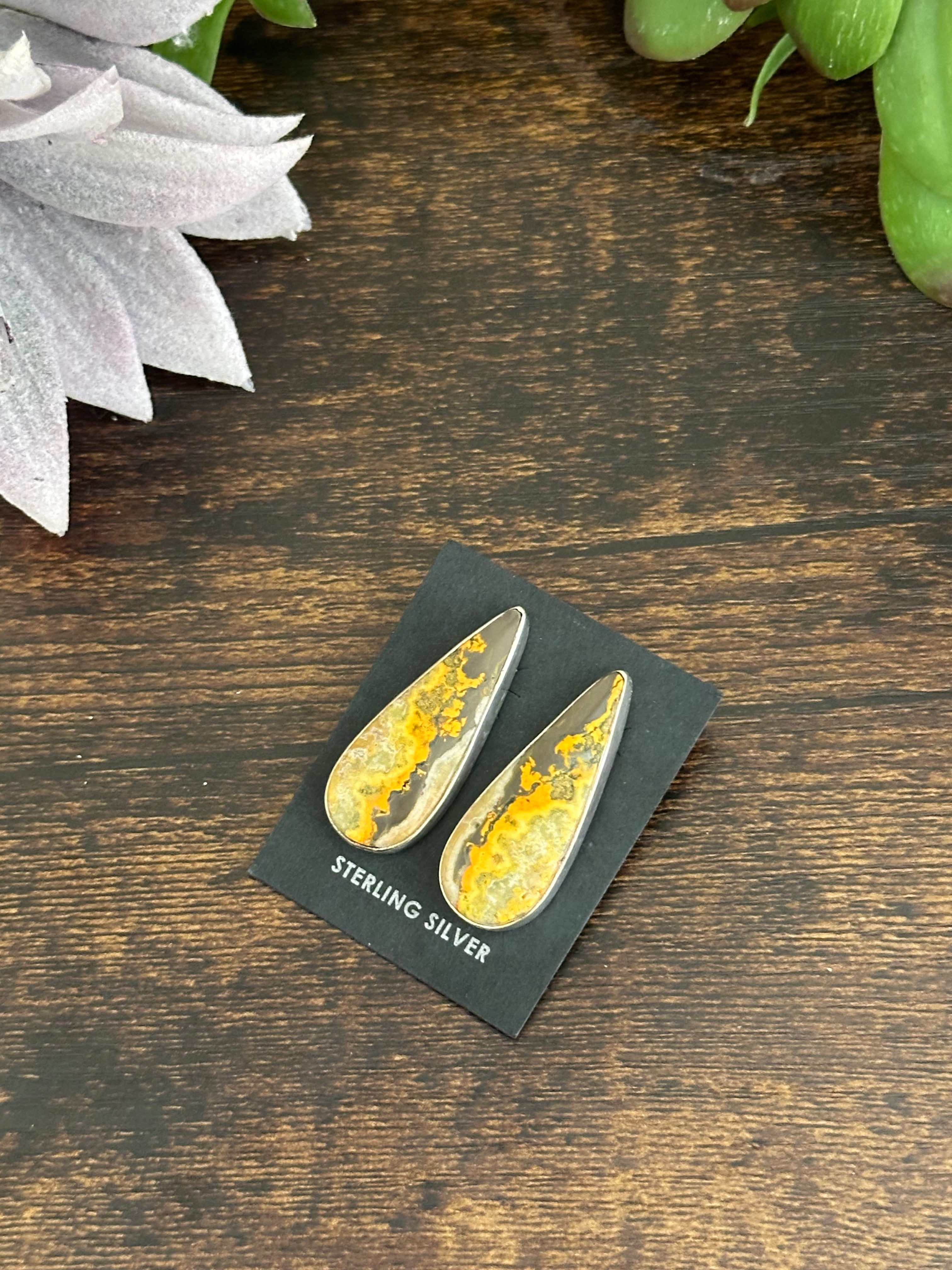 Navajo Made Bumblebee Jasper & Sterling Silver Post Dangle Earrings