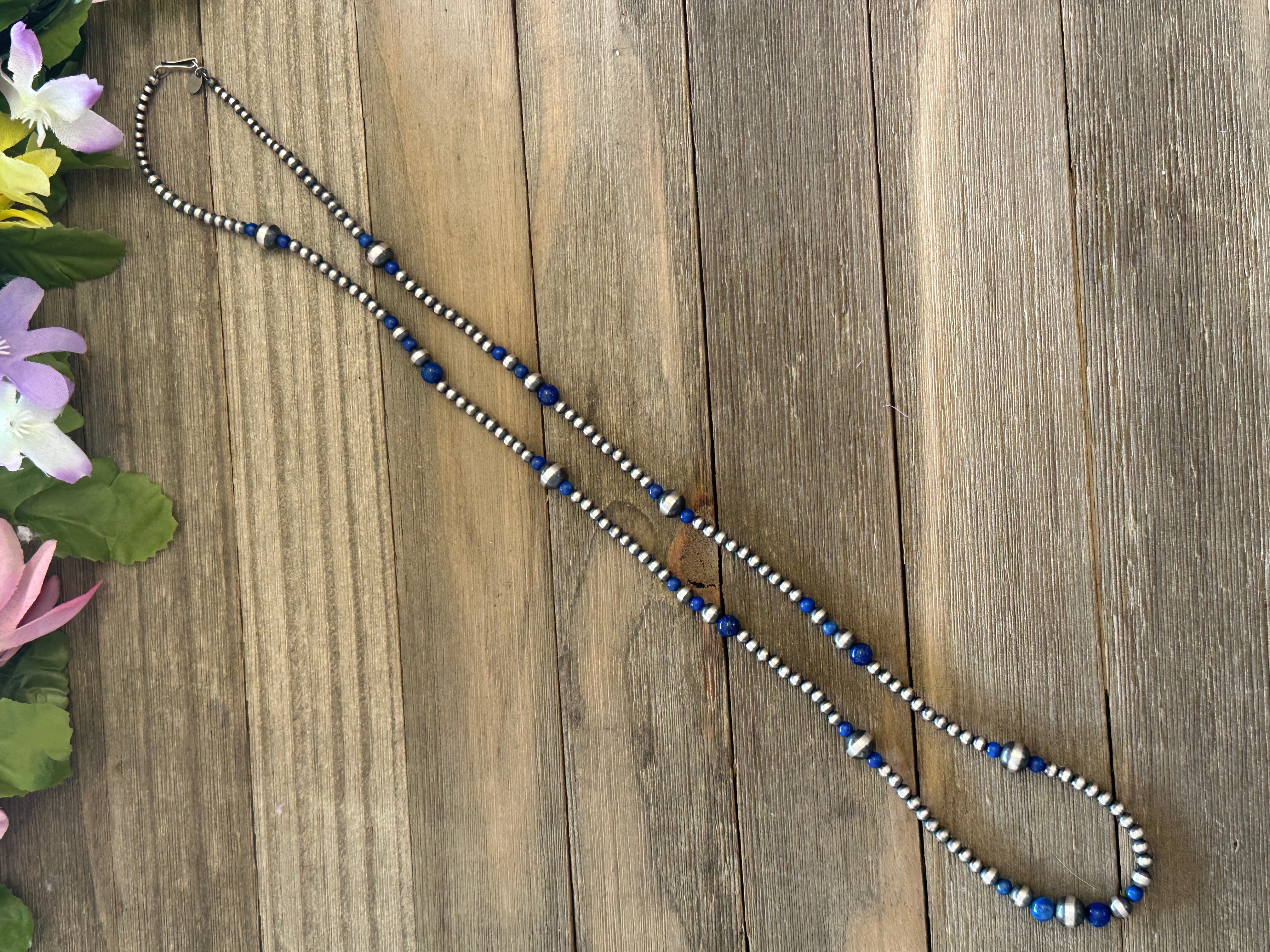 Navajo Strung Lapis & Sterling Silver Graduated Pearl Necklace