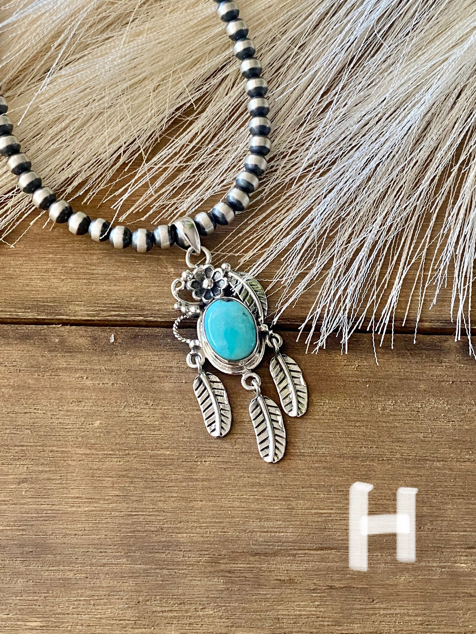 Southwest Handmade Kingman Turquoise & Sterling Silver Feather Pendant