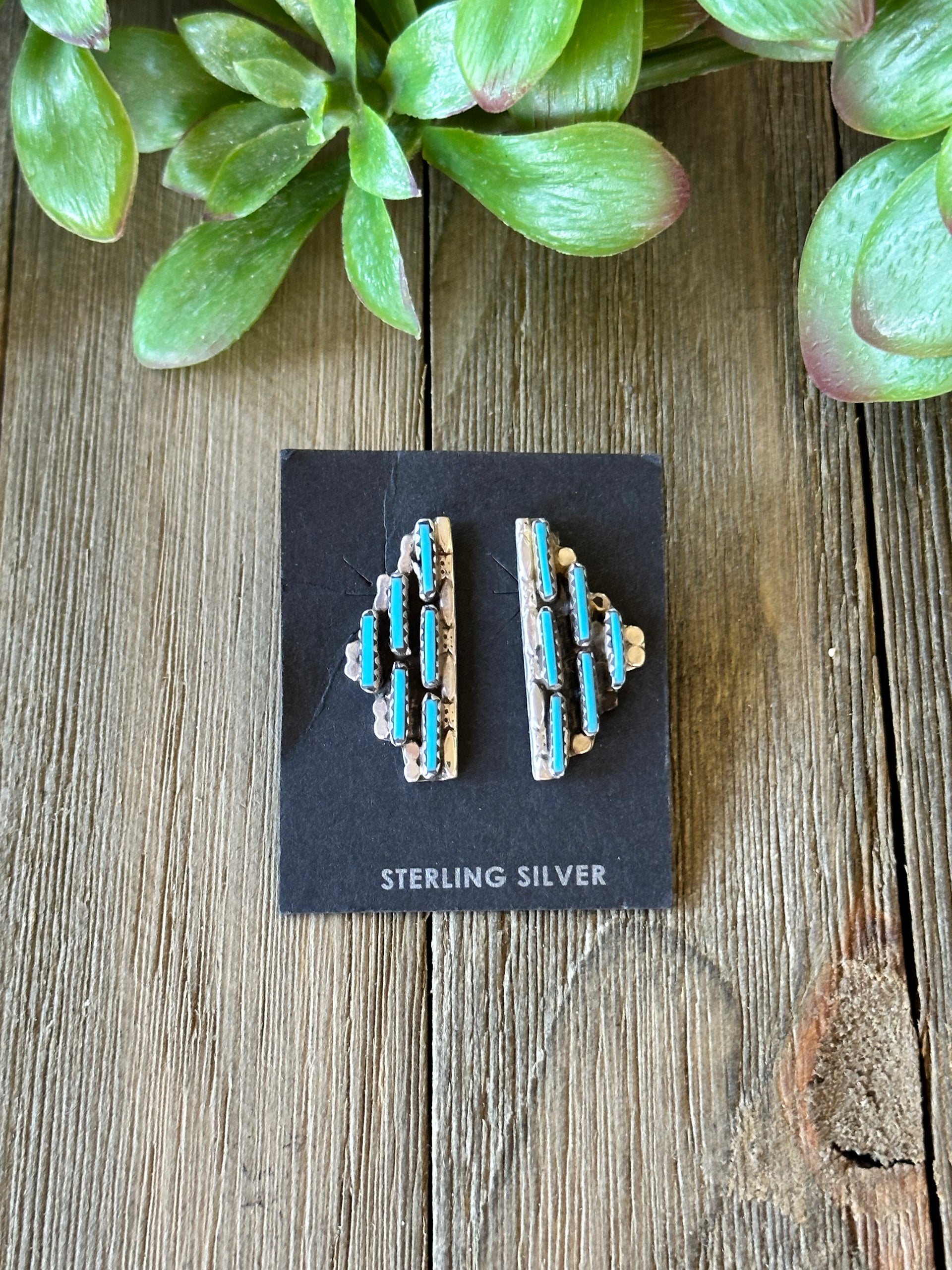Zuni Made Turquoise & Sterling Silver Post Cluster Earrings