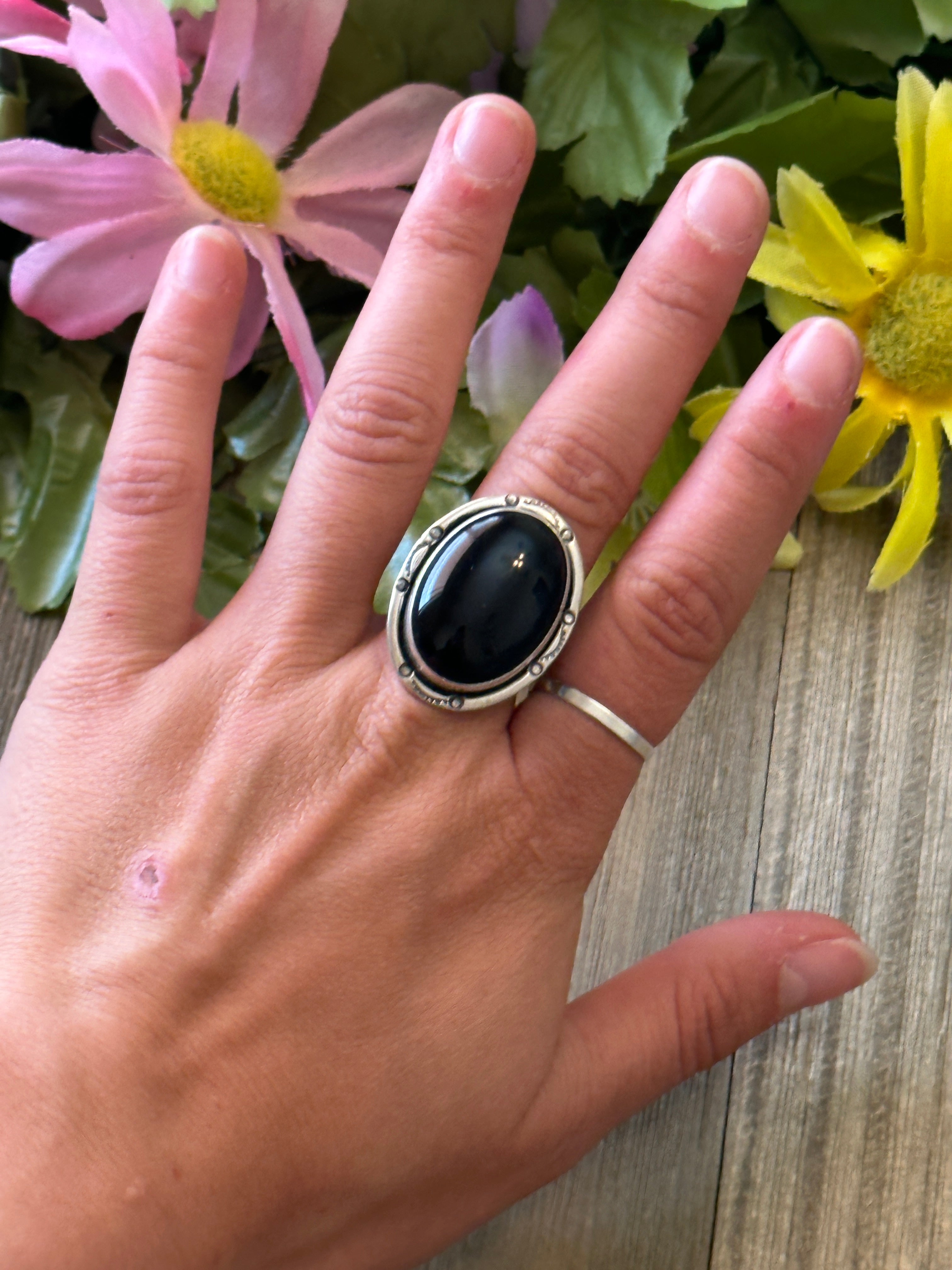 Navajo Made Onyx & Sterling Silver Ring Size 8