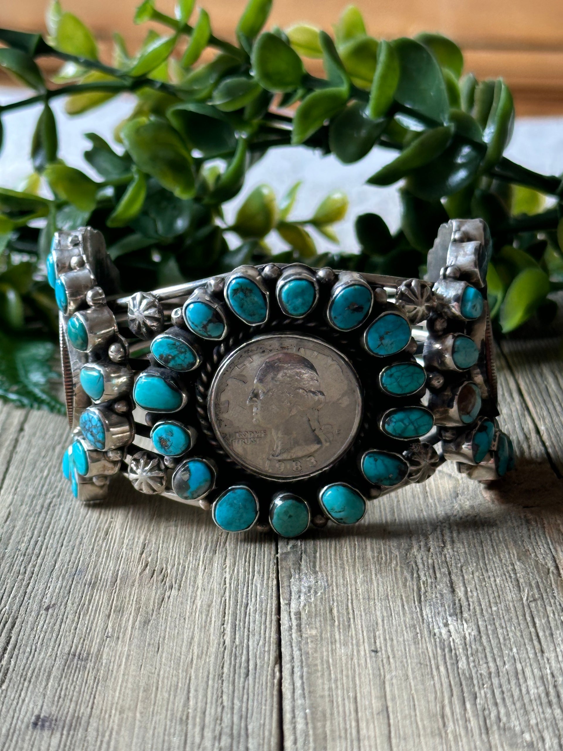 Navajo Made Kingman Turquoise & Sterling Silver Liberty Cuff Bracelet